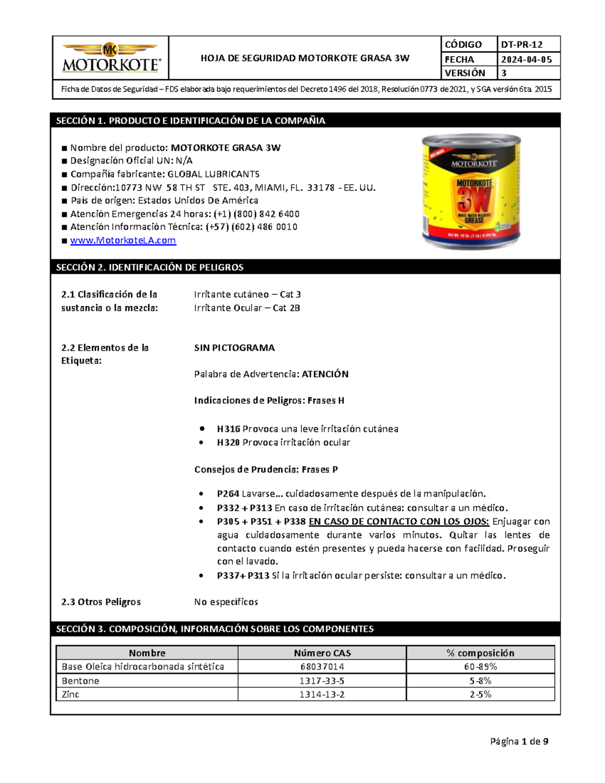 DT-PR-12 HOJA DE SEGURIDAD MOTORKOTE GRASA 3W - VERSIÓN 3 - Document Preview