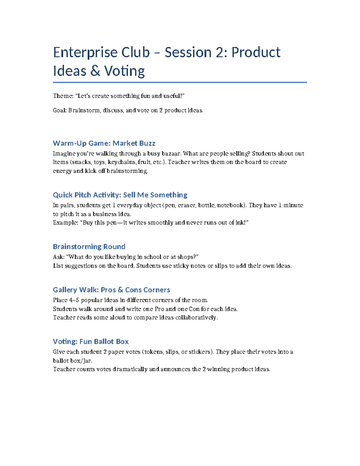 Enterprise Club S2: Fun Product Ideas Voting Activity Pack - Studocu