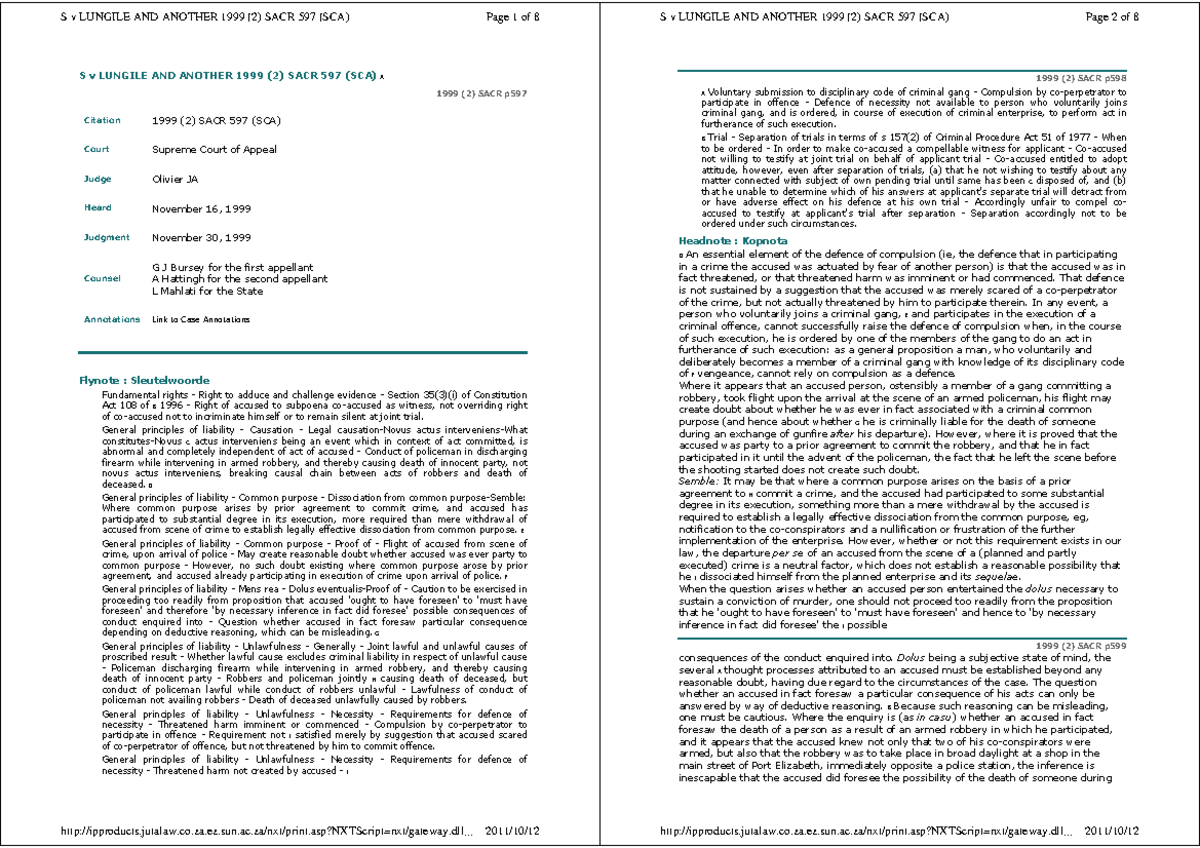 S v LUNGILE AND ANOTHER (2) SACR 597 (SCA) - Case Analysis and Judgment ...