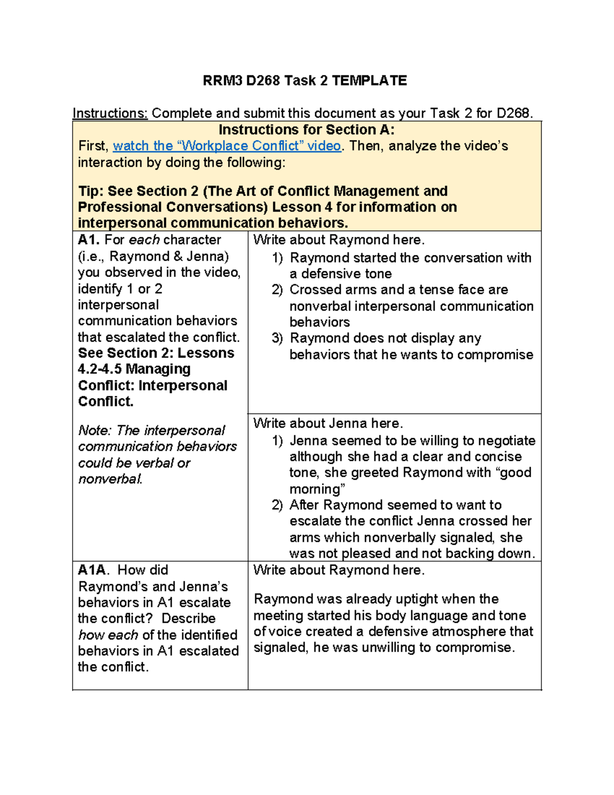 D268 Task 2 - Analysis of Workplace Conflict Communication - Studocu