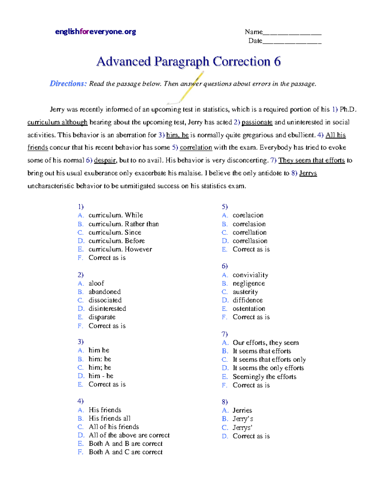 Advanced Paragraph Correction 6 - englishforeveryone Name ...