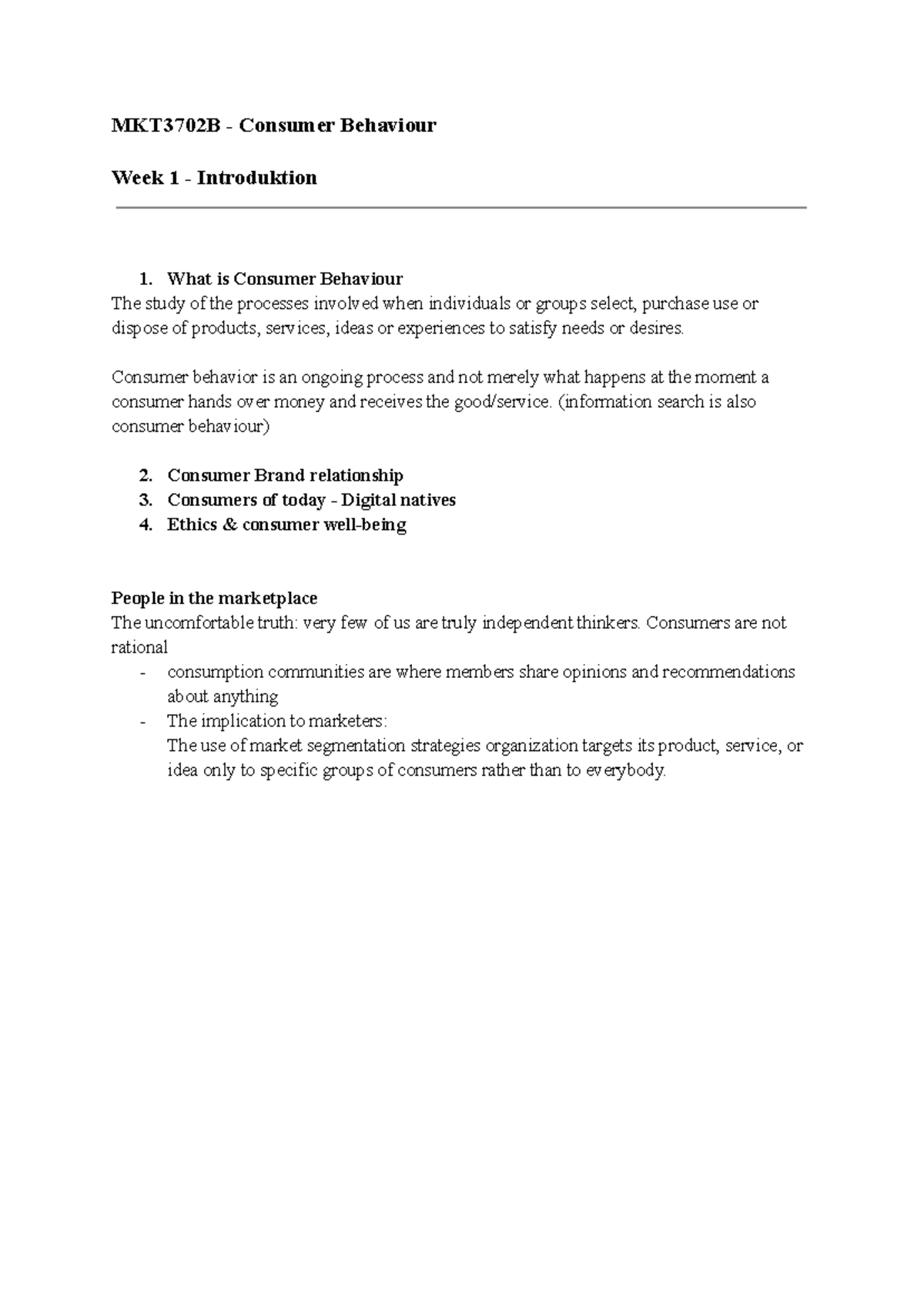 MKT3702B - Lecture Notes on Consumer Behaviour and Learning Concepts ...