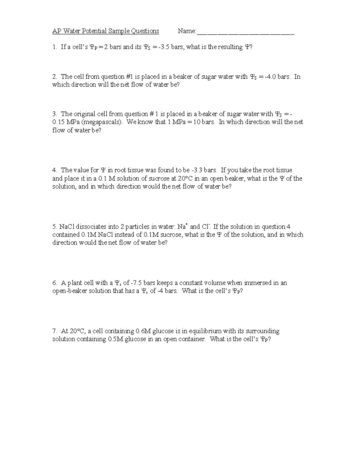 AP Water Potential Problems: Sample Questions and Solutions - Studocu