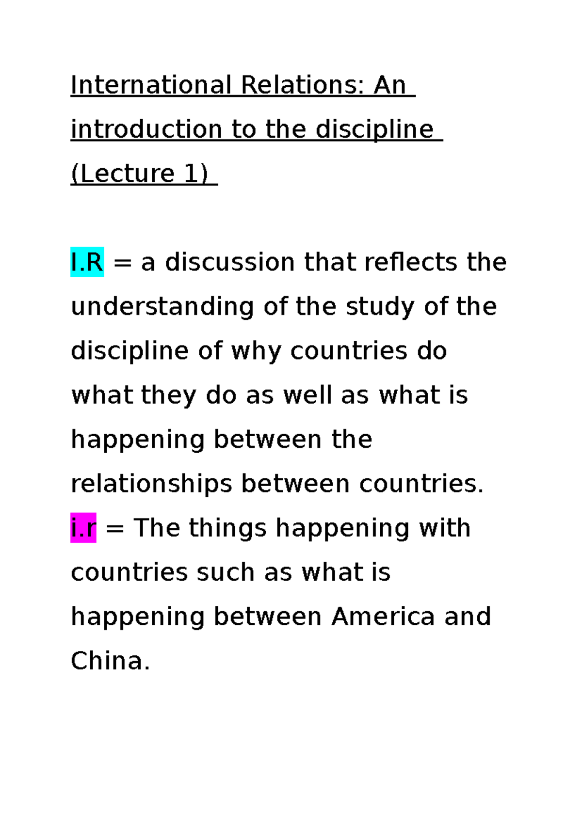 International Relations I.R: Lecture Notes Block 1 Overview - Studocu