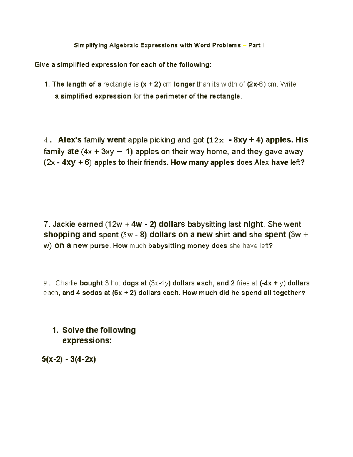 Algebra - Word problems - Simplifying Algebraic Expressions with Word ...