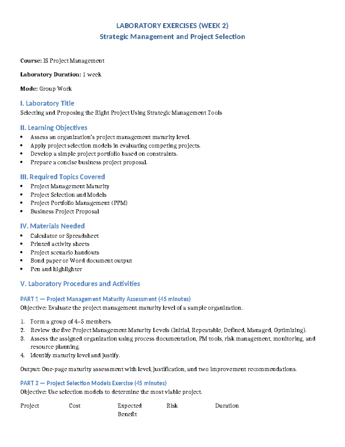 Strategic Project Selection Lab Manual - LABORATORY EXERCISES (WEEK 2 ...