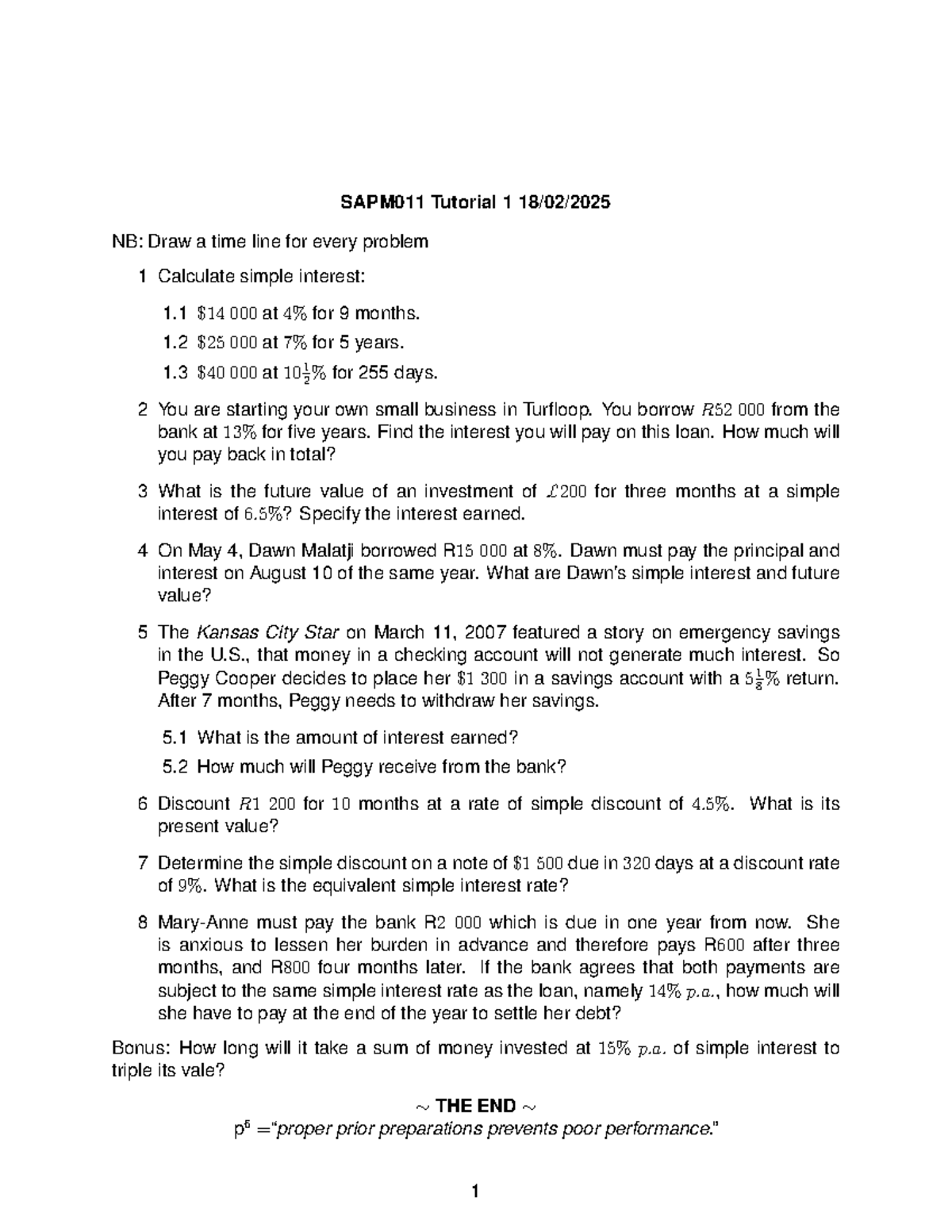 SAPM011 Tutorial 1: Simple Interest Calculations and Business Loans ...