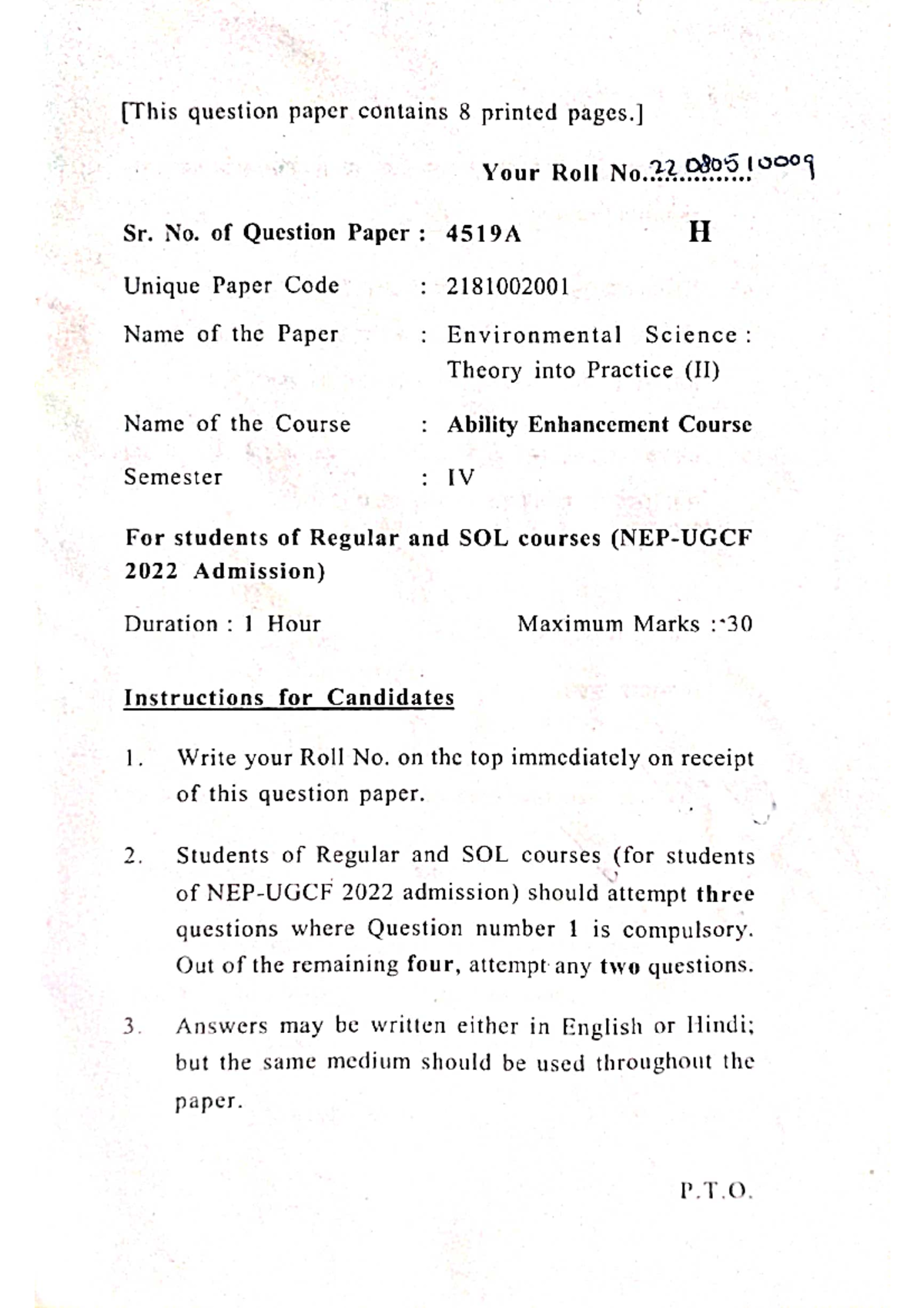 Evs Sem 4 Question Paper - Environmental Science (Theory into Practice ...