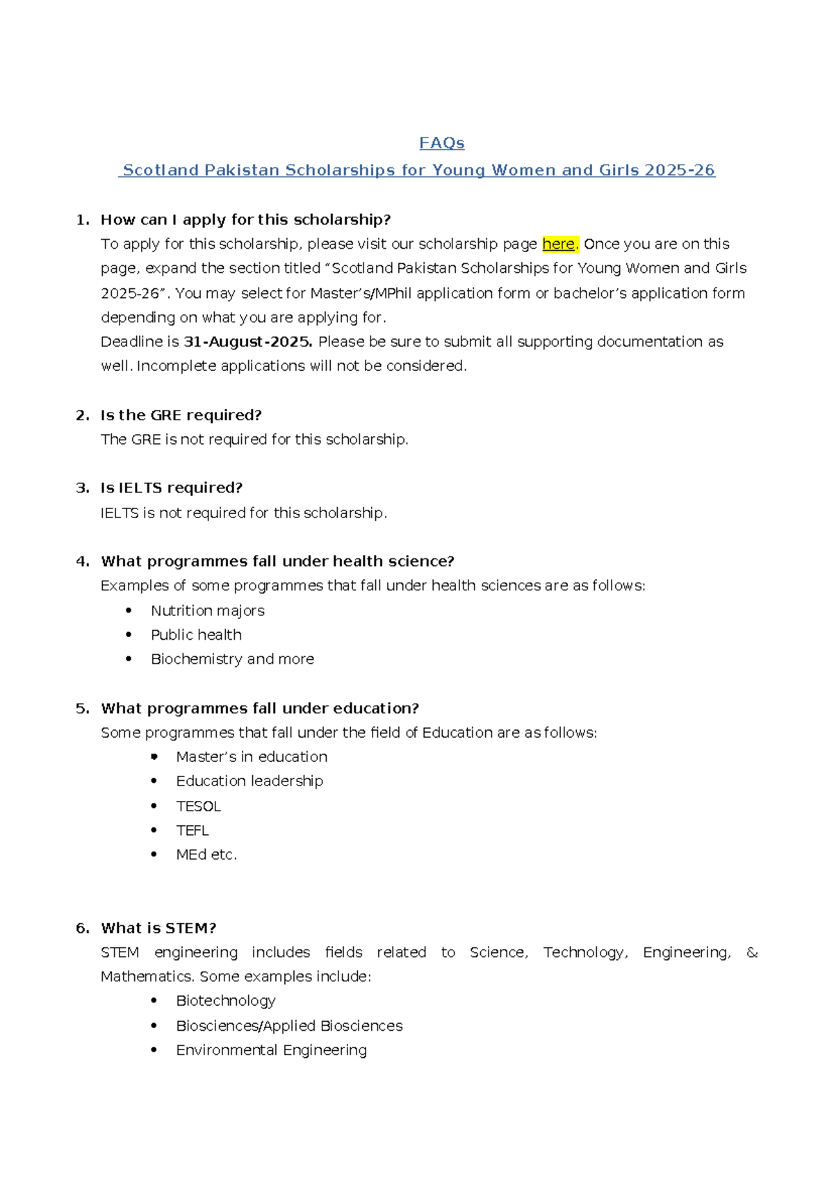 Scotland Pakistan Scholarships FAQs for Young Women 2026-26 - Studocu