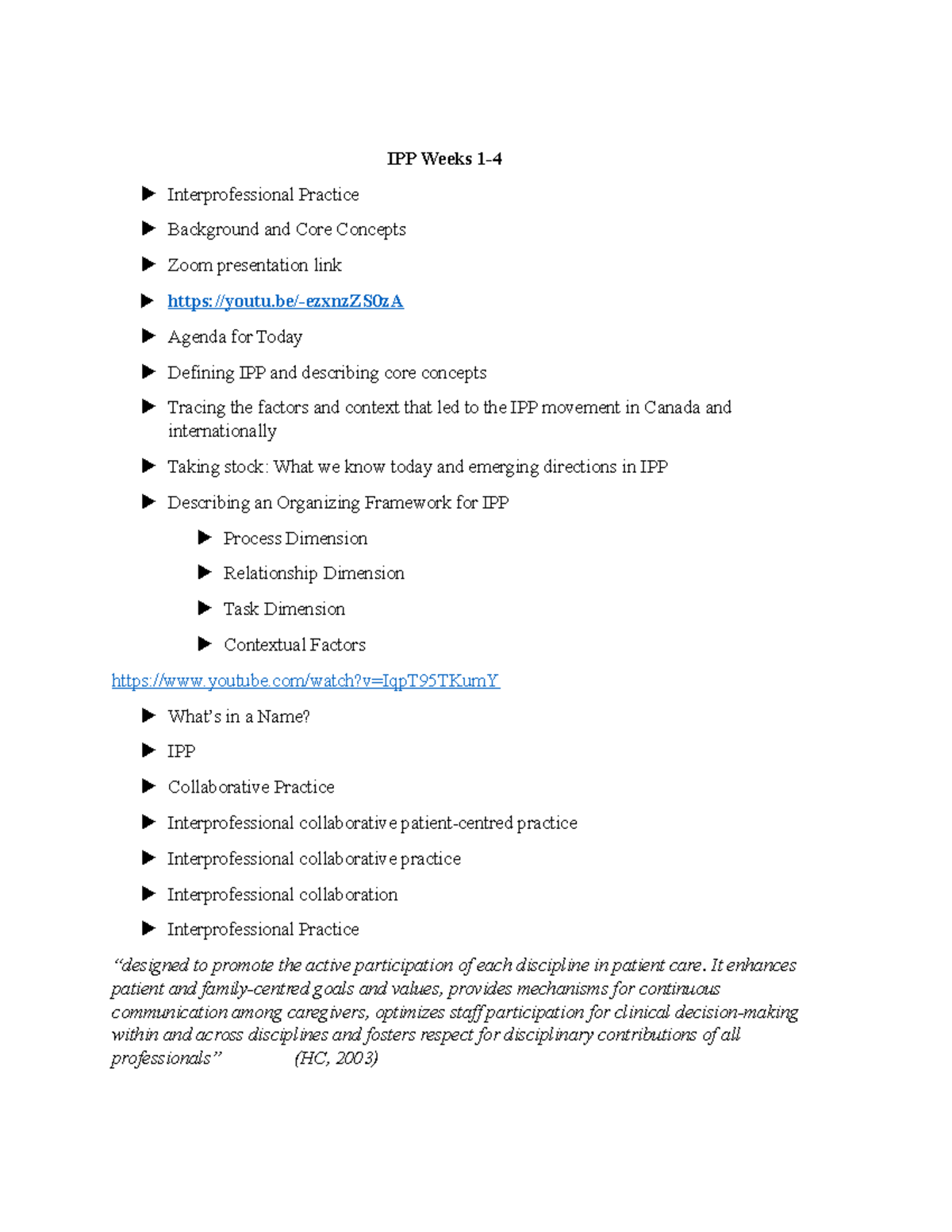 Interprofessional Practice (IPP) Overview: Weeks 1-4 Insights - Studocu