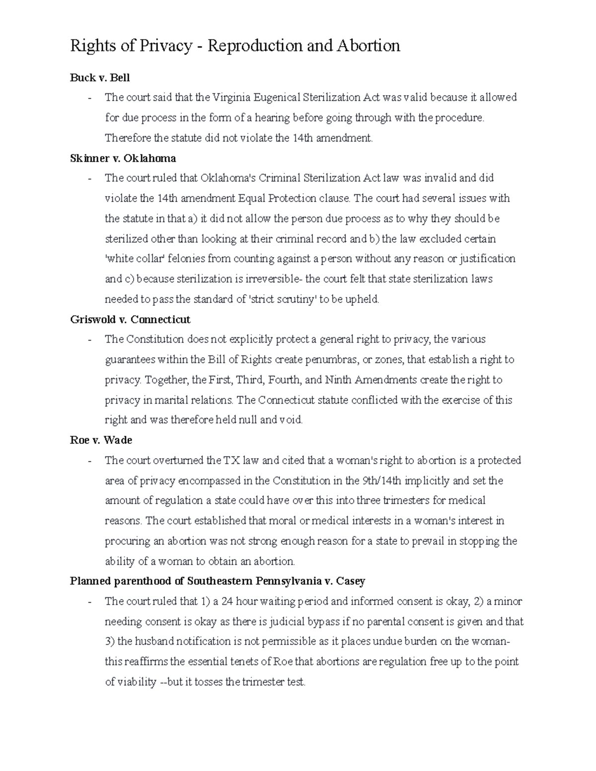 POLI 4030 Final Exam Notes: Rights of Privacy & Abortion Cases - Rights ...