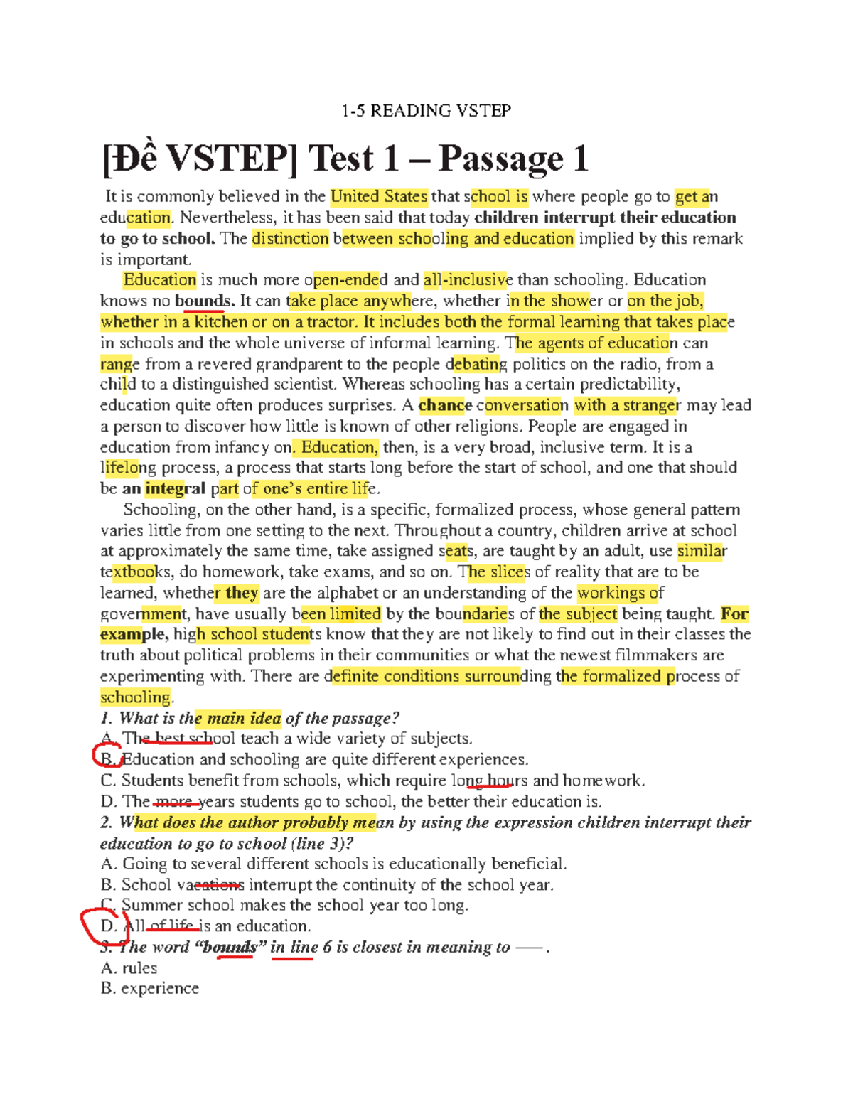 VSTEP B1-B2 Reading Test 1 - Key Insights & Challenges - Studocu