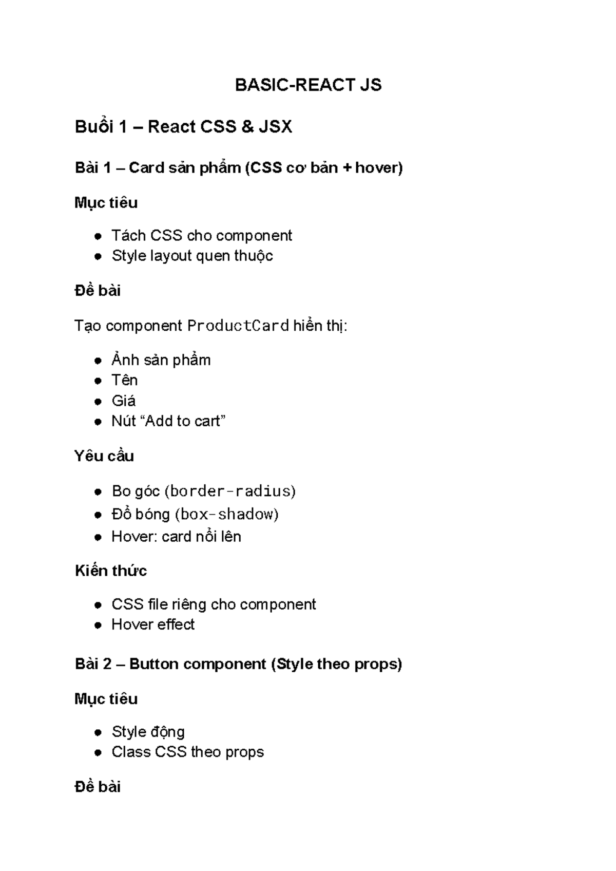 JS Buổi 1: React CSS & JSX - Bài Tập Component Cơ Bản - Studocu