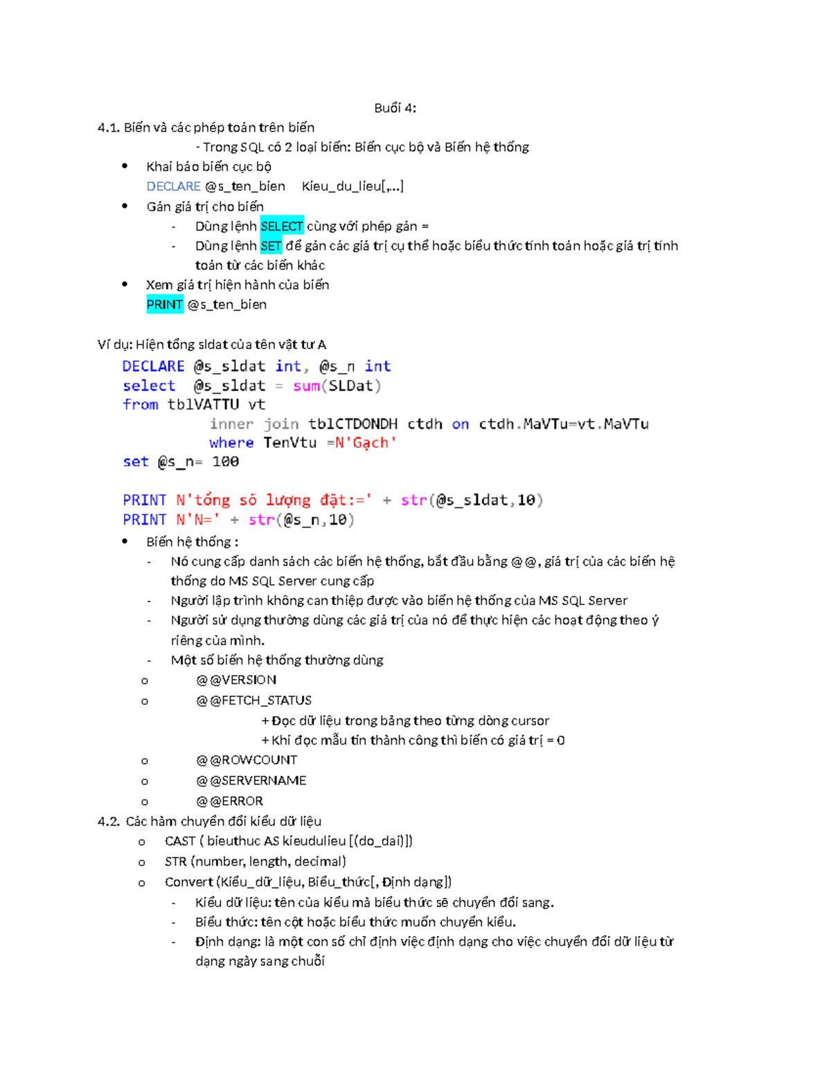 Tuần 4: Biến và Các Phép Toán Trong SQL - Lớp Học 3 - Studocu