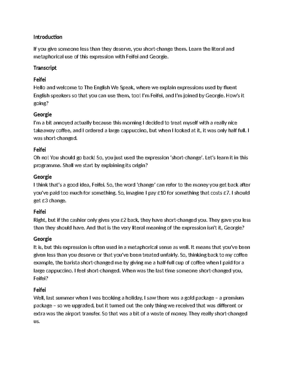 Short Change - Vocabulary Development in English Expressions - Studocu