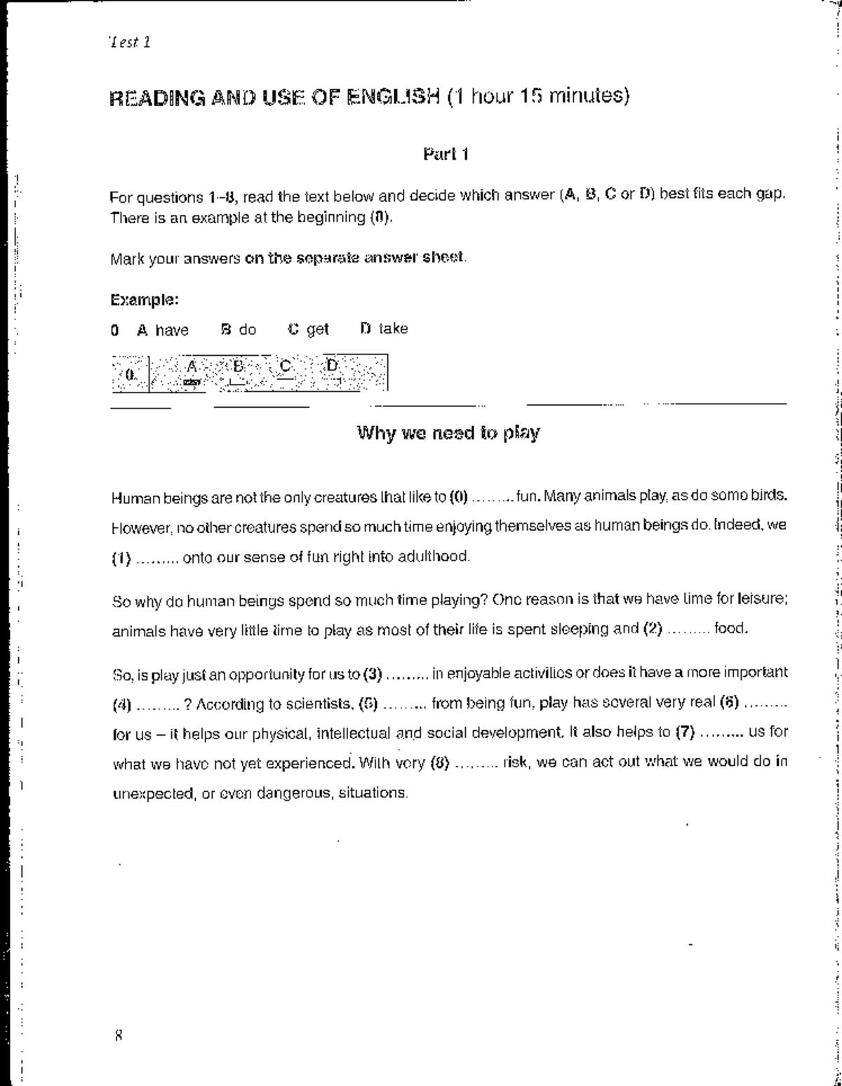 Test 1: Reading and Use of English Practice (1 Hour 15 Min) - Studocu