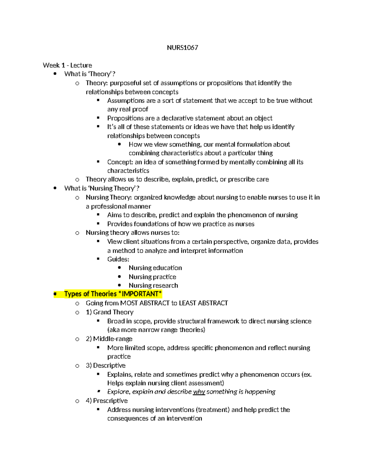 NURS1067 - Comprehensive Lecture Notes from Weeks 1 to 14 - Studocu