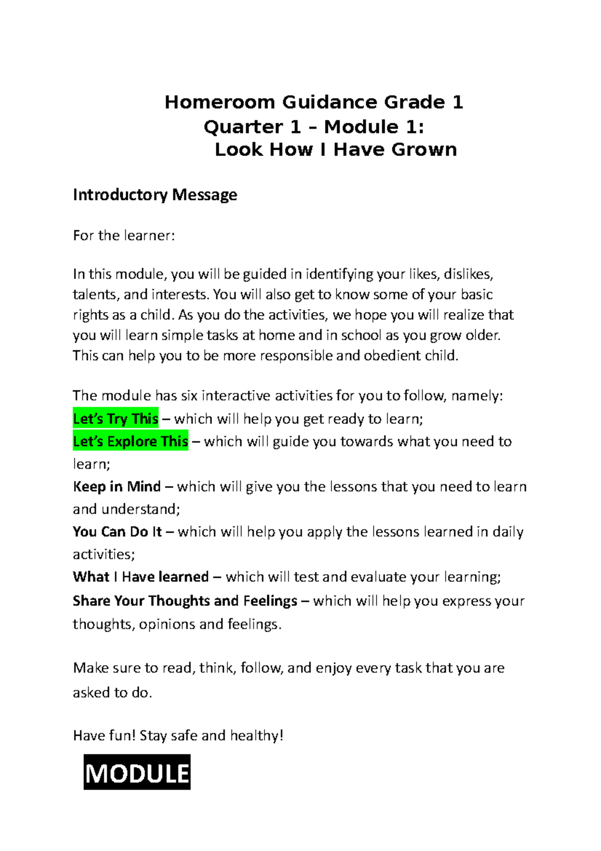 Grade 1 Homeroom Guidance Module: Discovering Growth & Rights - Studocu