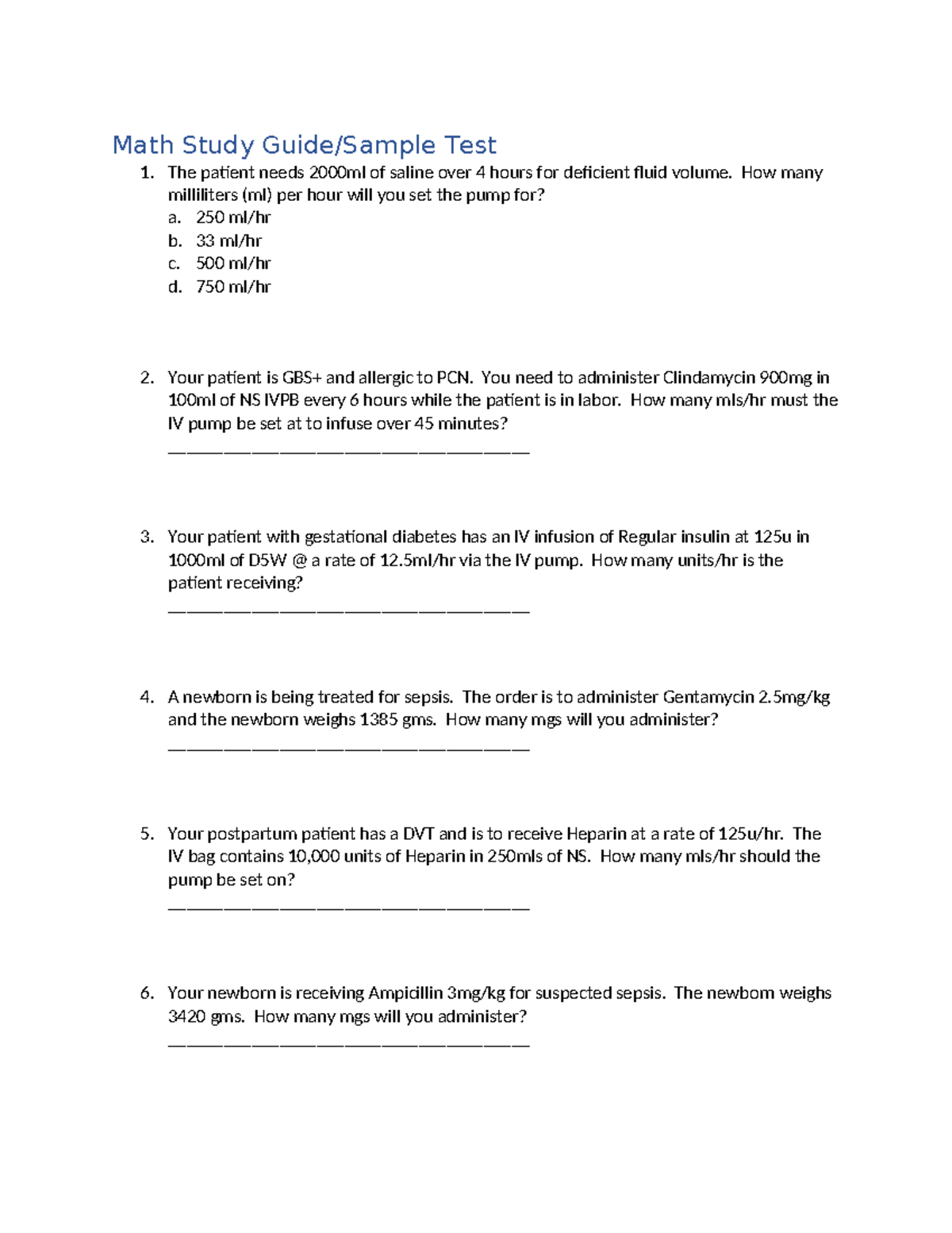 Math Study Guide for Nursing: Test 1 Review - Studocu