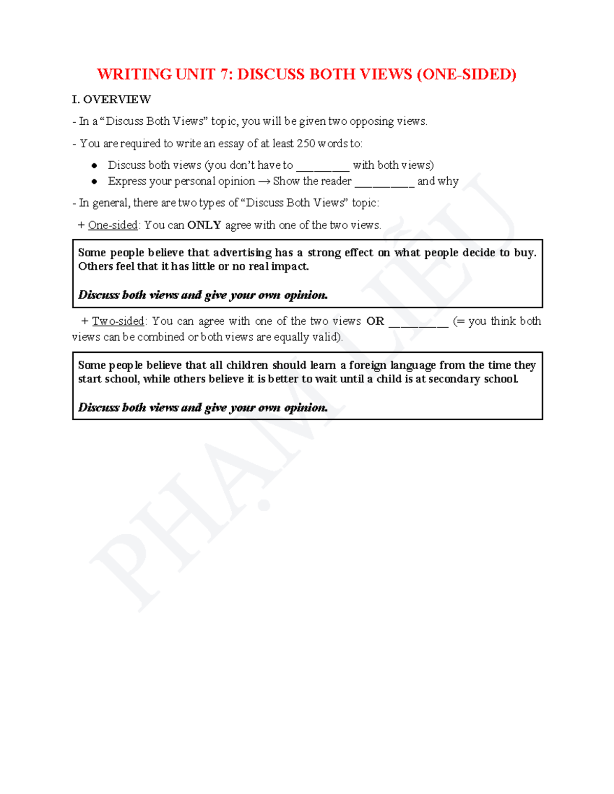 Writing U7: Discuss Both Views (One-sided Essay Guide) - Studocu