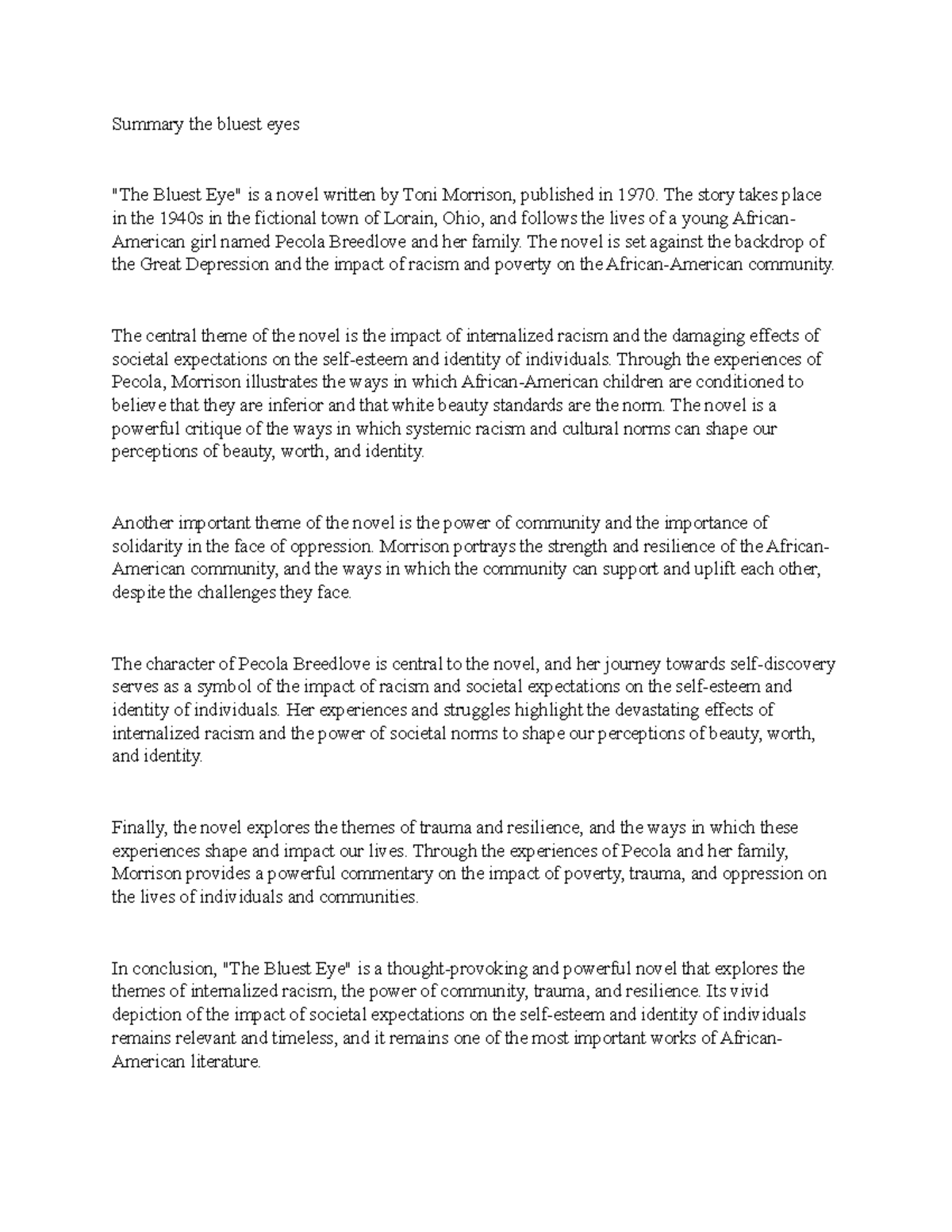 Summary of "The Bluest Eye" - GRAD Literature Analysis - Studocu