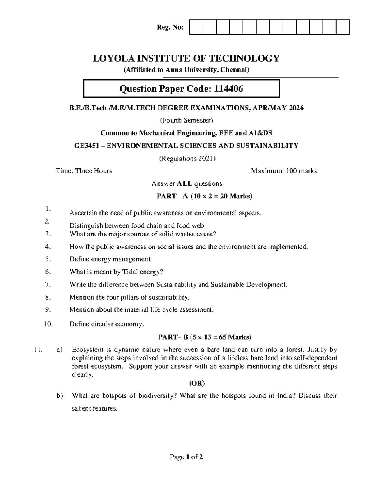 GE3451 Environmental Sciences & Sustainability Exam Paper - 2026 - Studocu
