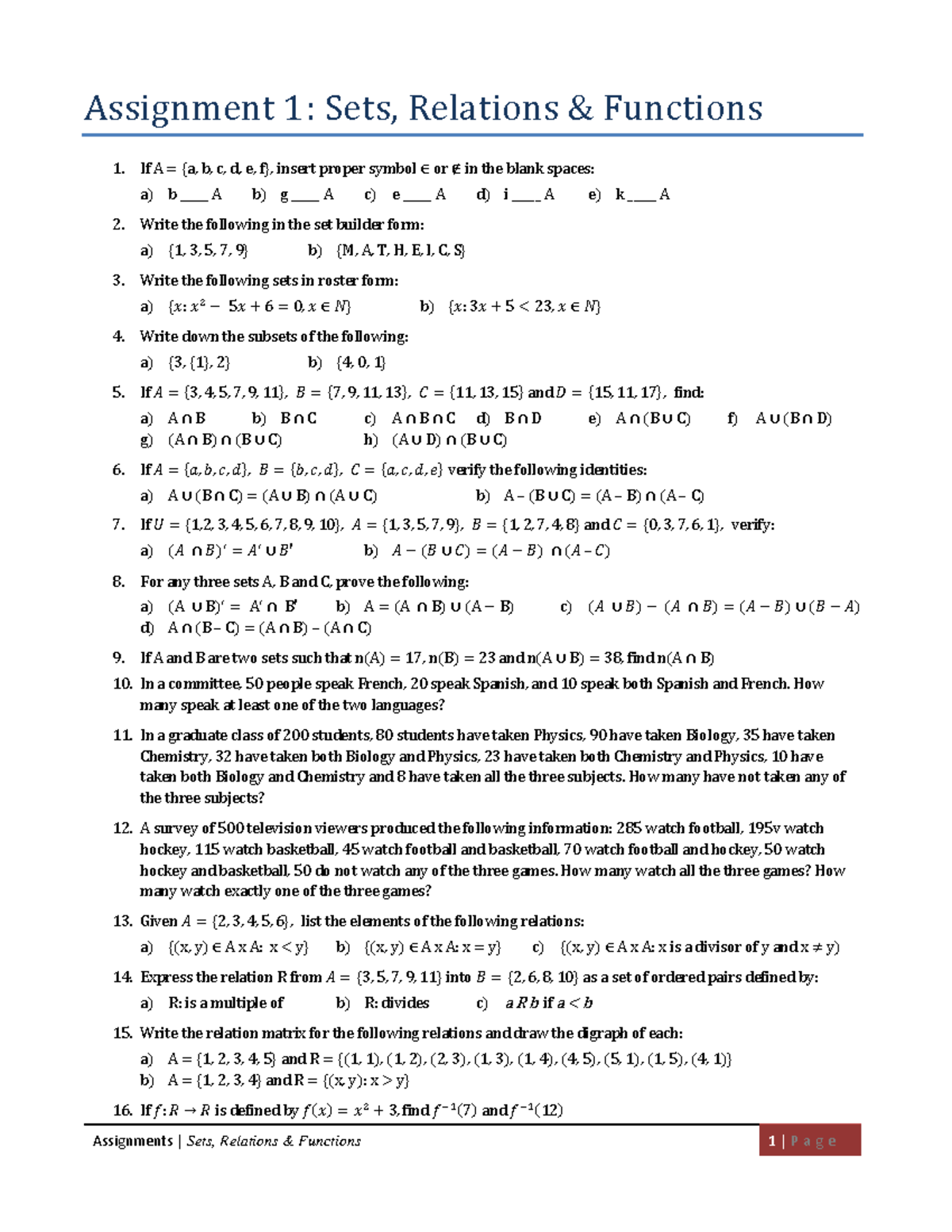 Assignment 1: Sets, Relations & Functions (Course Code 1) - Studocu