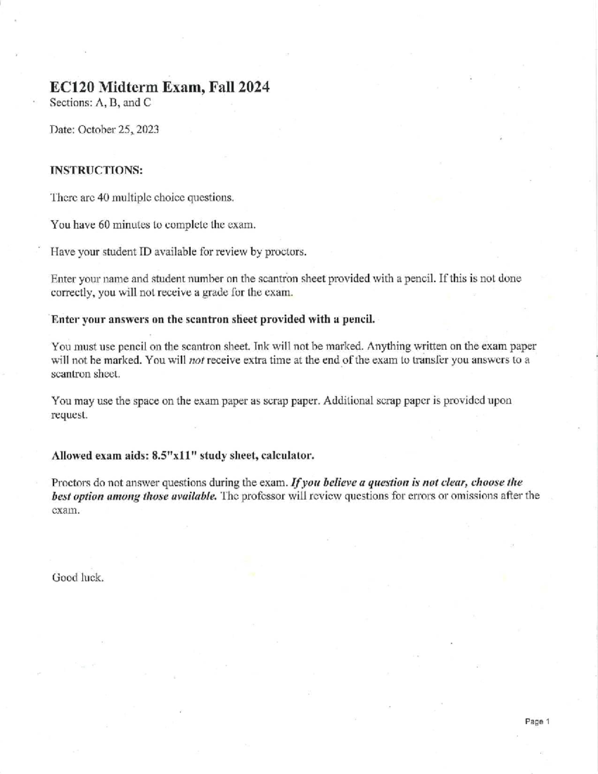 EC120 Midterm Exam Guide - Fall 2024 (Sections A, B, C) - Studocu