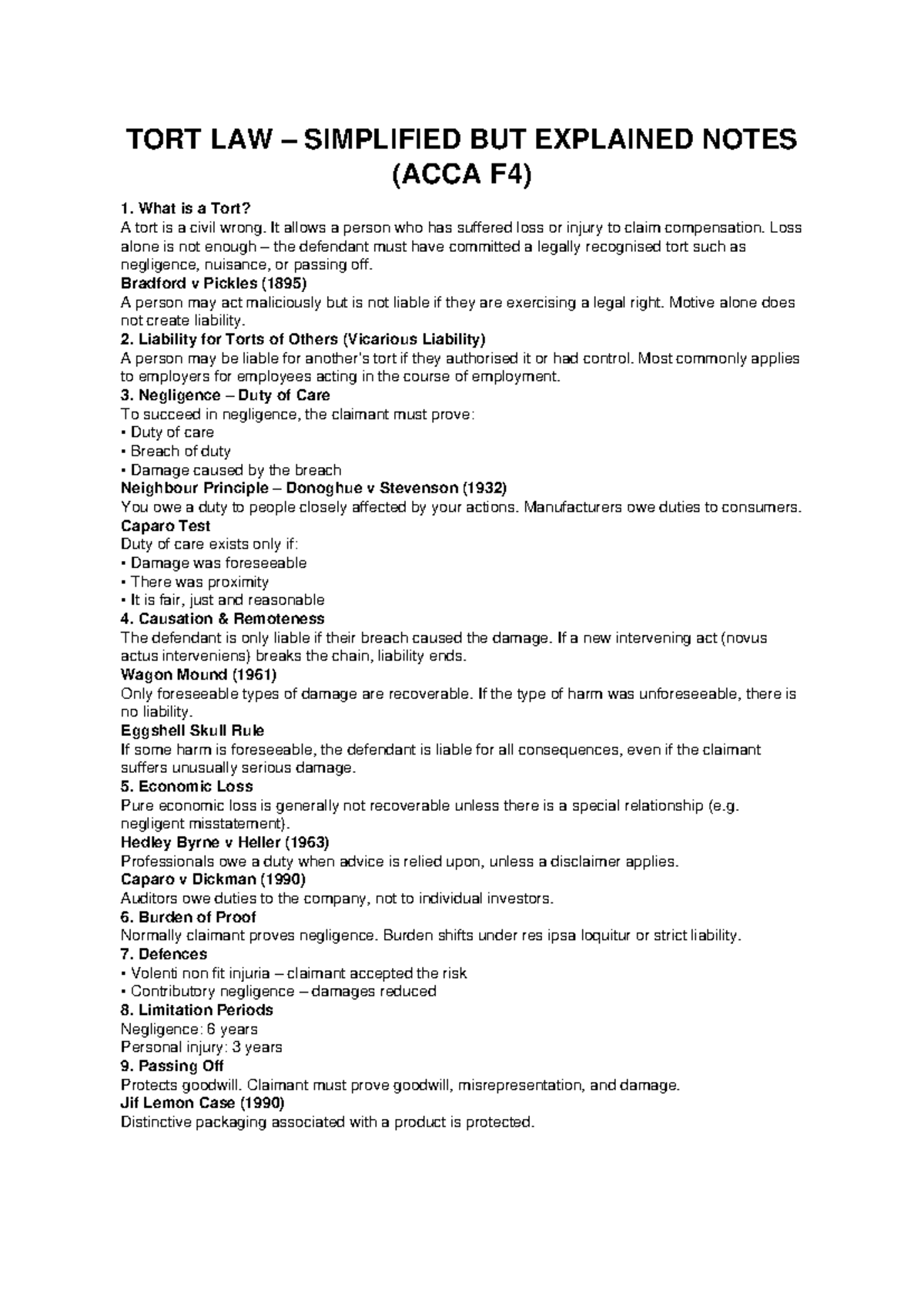 Tort Law Explained Notes (ACCA F4) - Key Concepts and Cases - Studocu