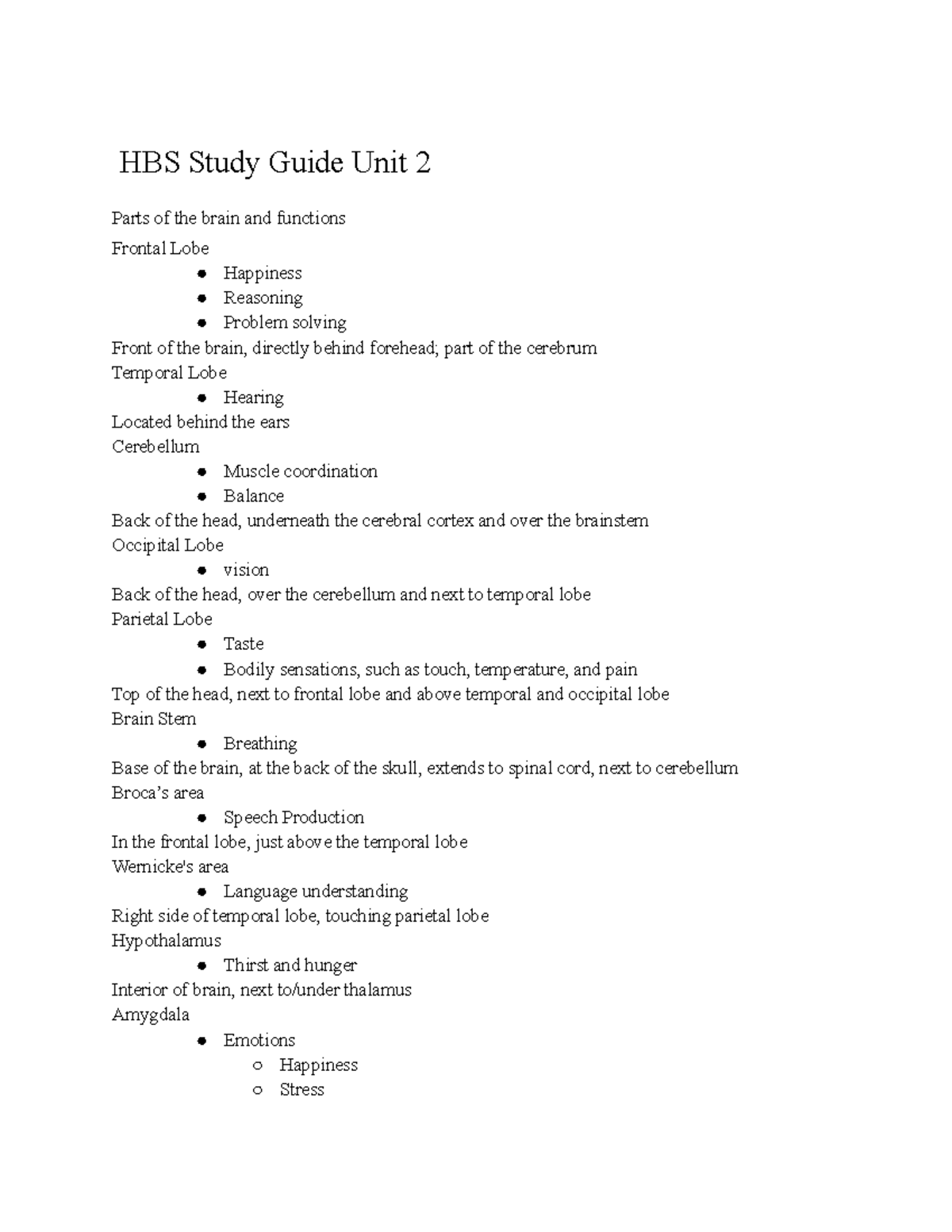 HBS Study Guide Unit 2: Brain Functions, Disorders, and Hormonal ...