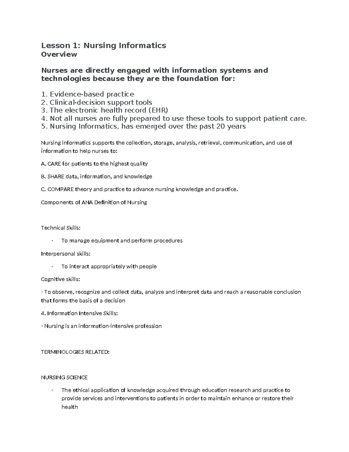 NUR 101: Lesson 1 - Overview of Nursing Informatics - Studocu