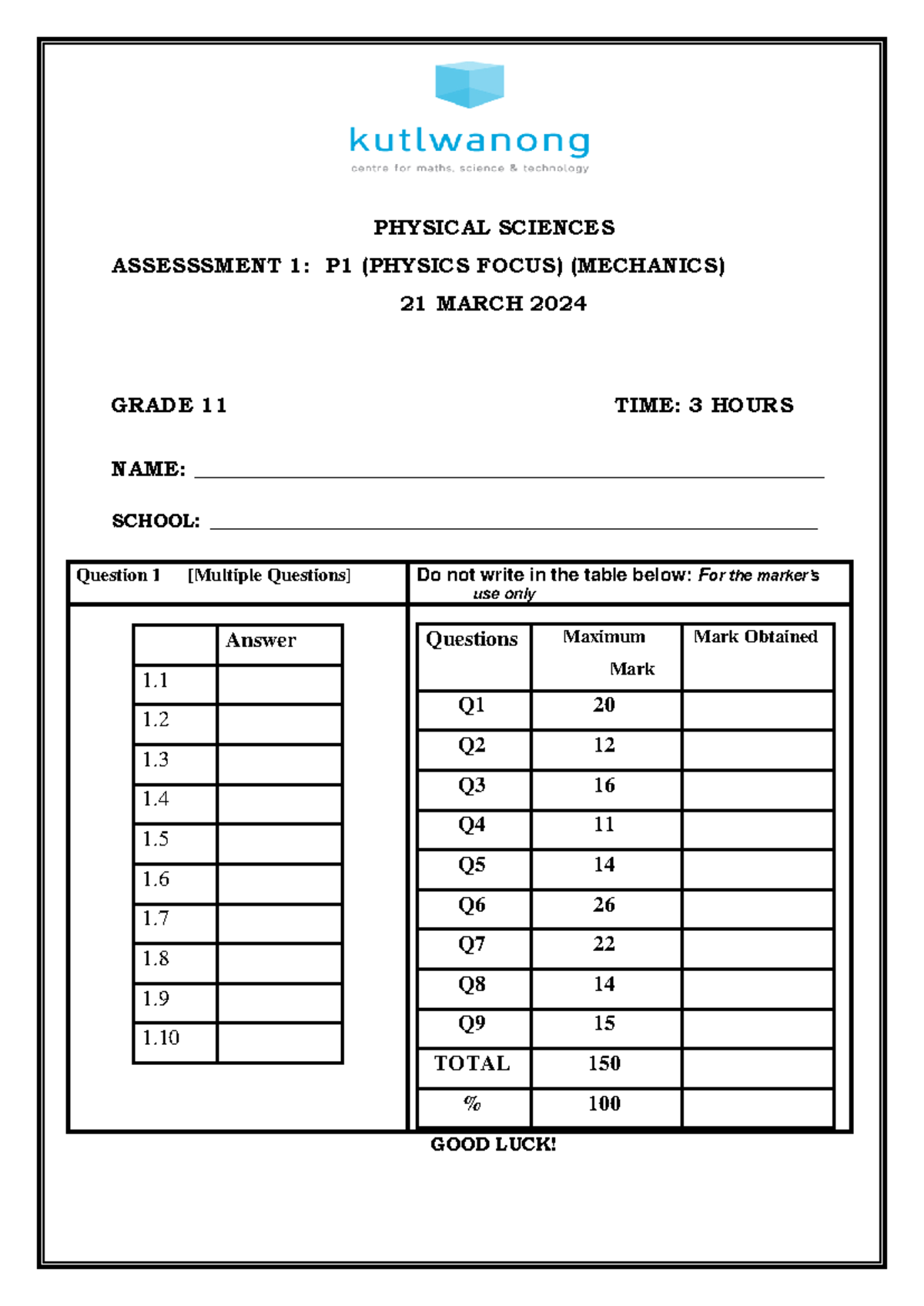 Promaths GR 11 PHSC Assessment 1 march 2024 - PHYSICAL SCIENCES ...