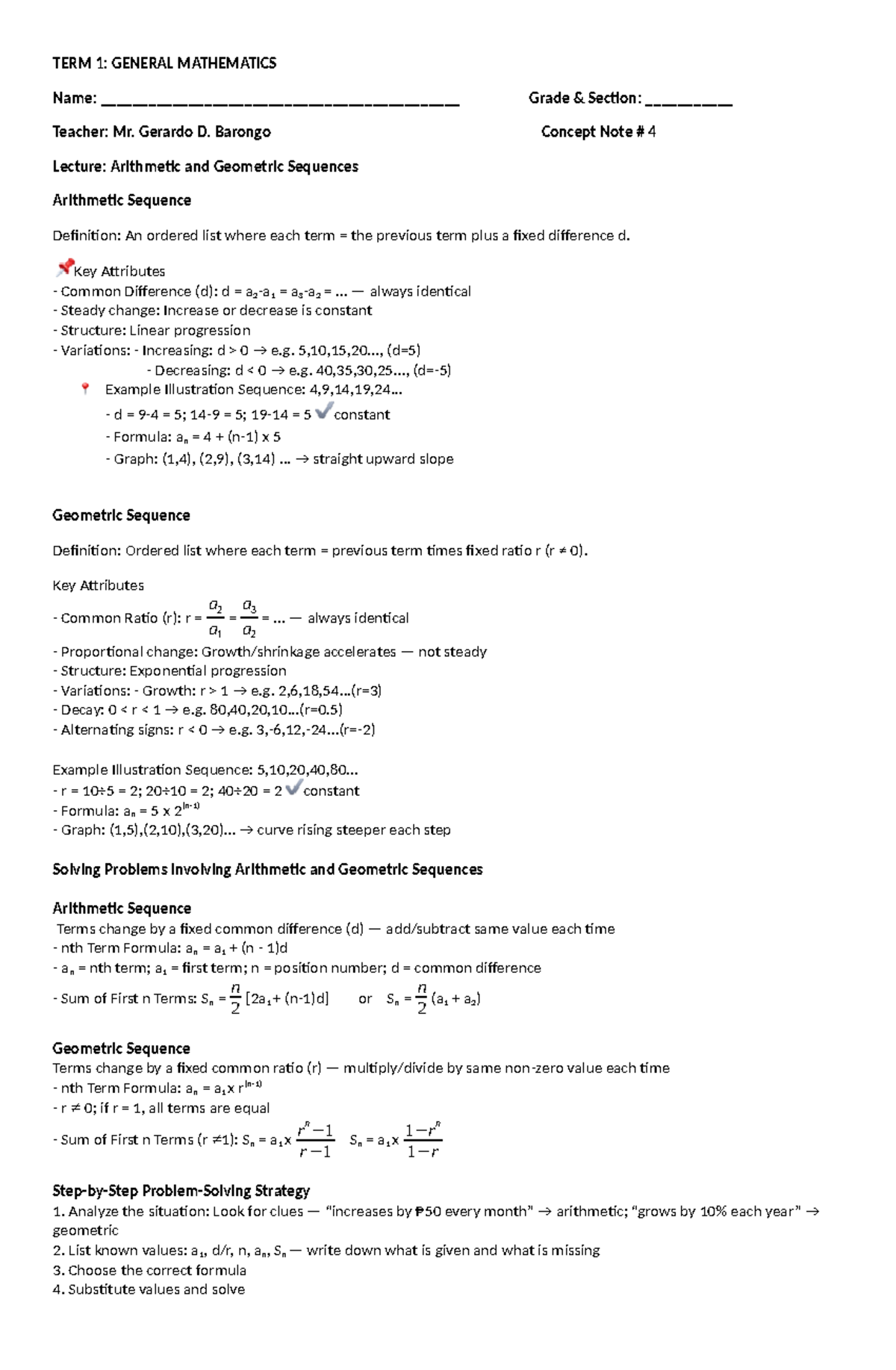 TERM 1: GENERAL MATHEMATICS CN4 - Arithmetic & Geometric Sequences ...