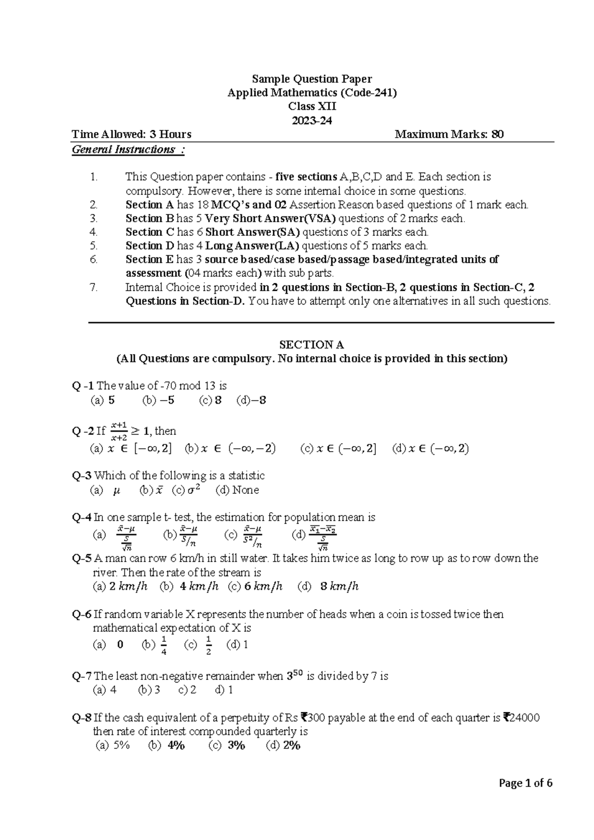 Applied Mathematics Class XII Sample Question Paper (Code-241) 2023 ...