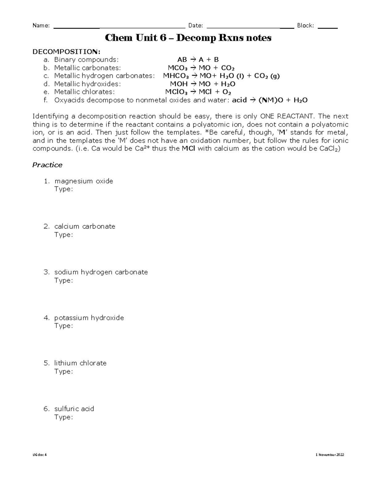 Chem 6 - Decomposition Reactions Study Notes (U6 Doc 4) - Name: Date ...