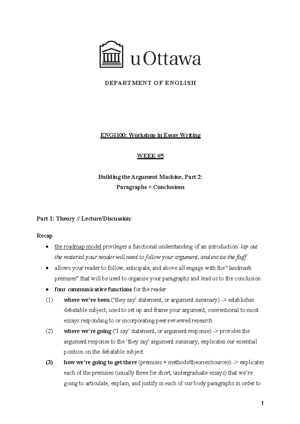 ENG1100: Week 5 - Building the Argument Machine, Part 2: Paragraphs ...