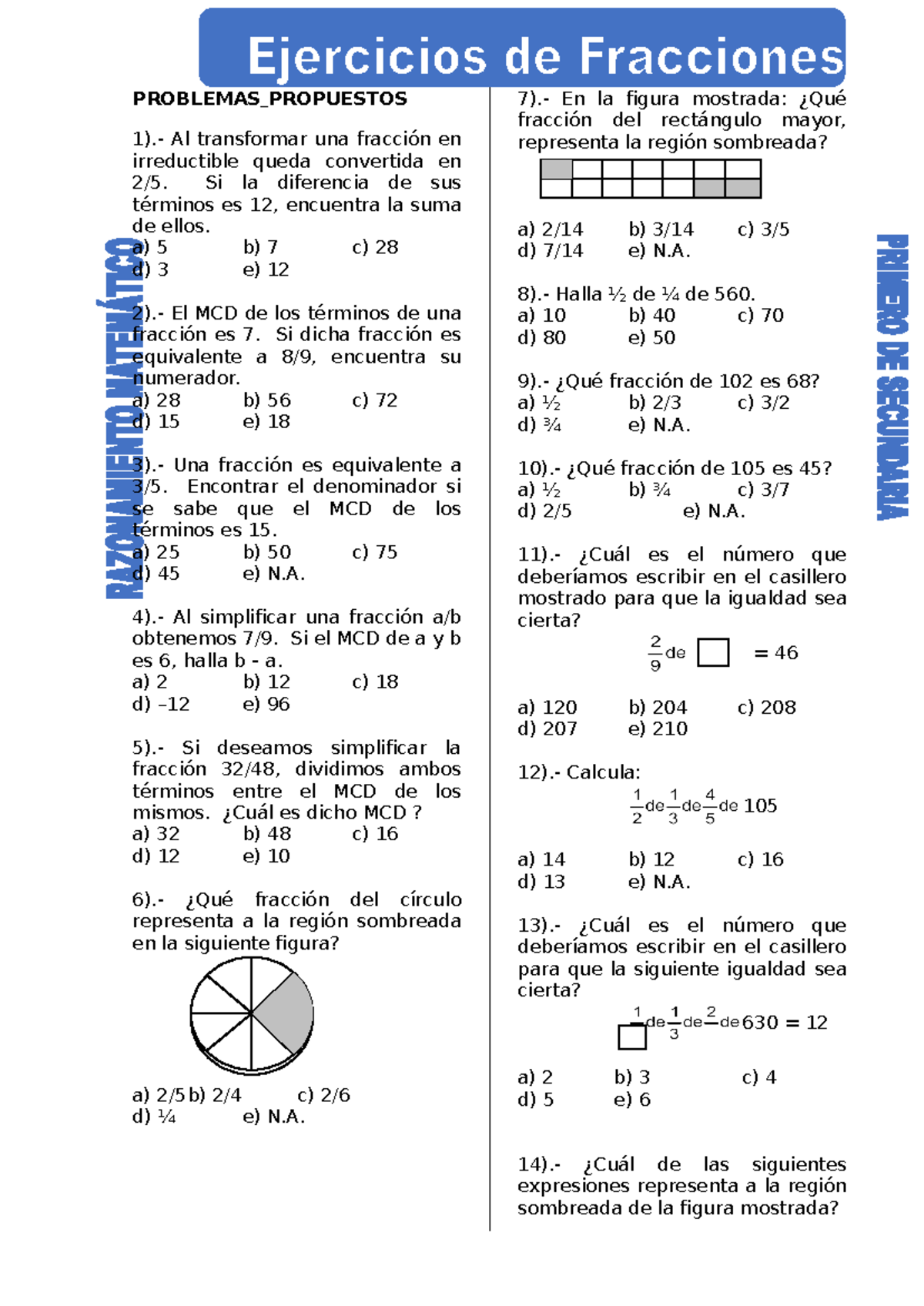 Ejercicios de Fracciones - Primero de Secundaria: Problemas Propuestos - Document Preview