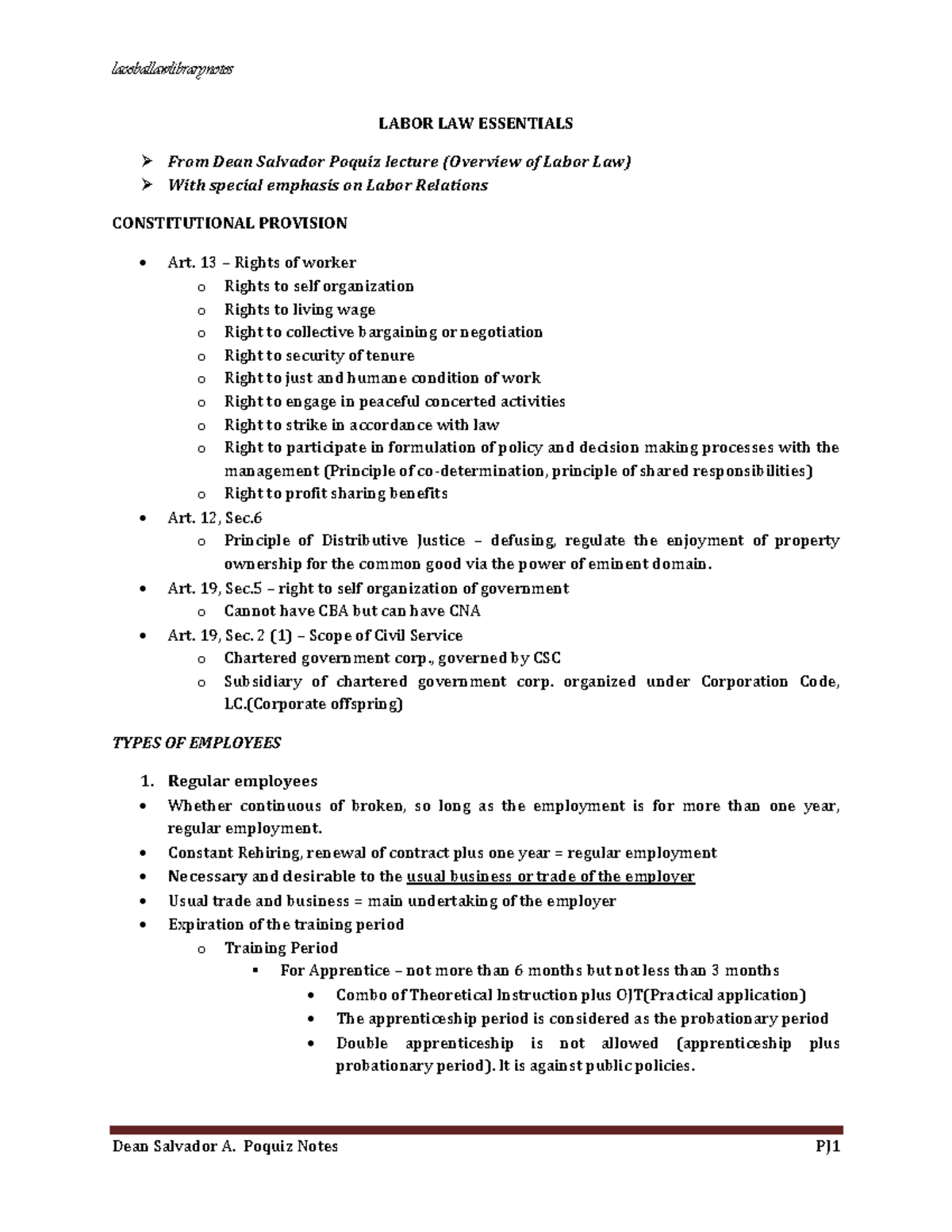 Labor Law Essentials Notes (Course Code: LAB 101) - Studocu