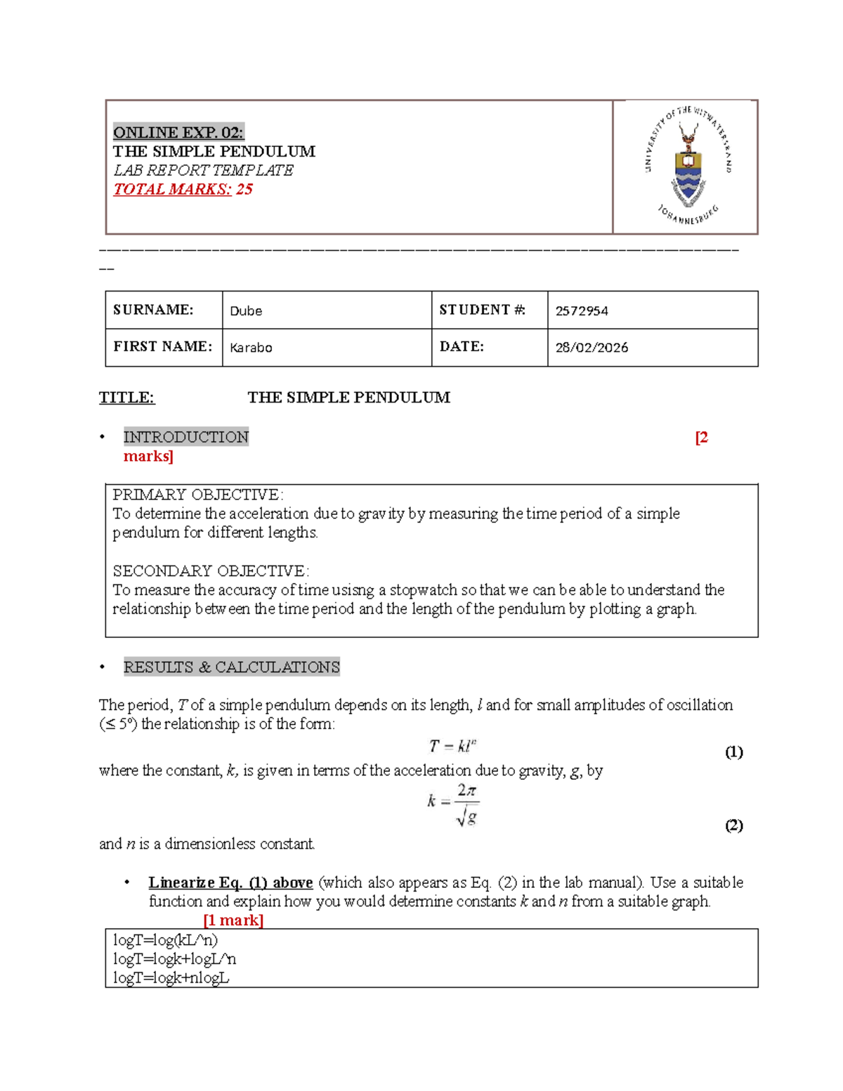 ONLINE EXP. 02: SIMPLE PENDULUM LAB REPORT TEMPLATE - Studocu