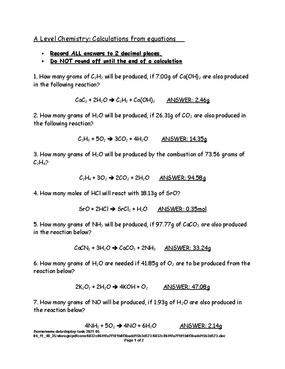 A Level Chemistry - Mole Calculations Answers (02) - Studocu