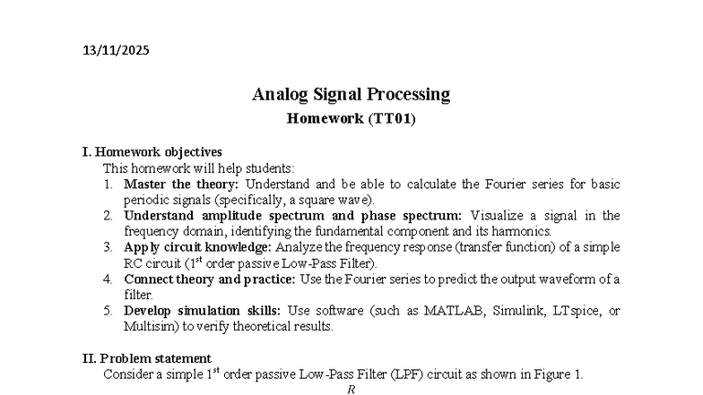 Analog Signal Processing Homework (TT01): Fourier Series & Filter ...