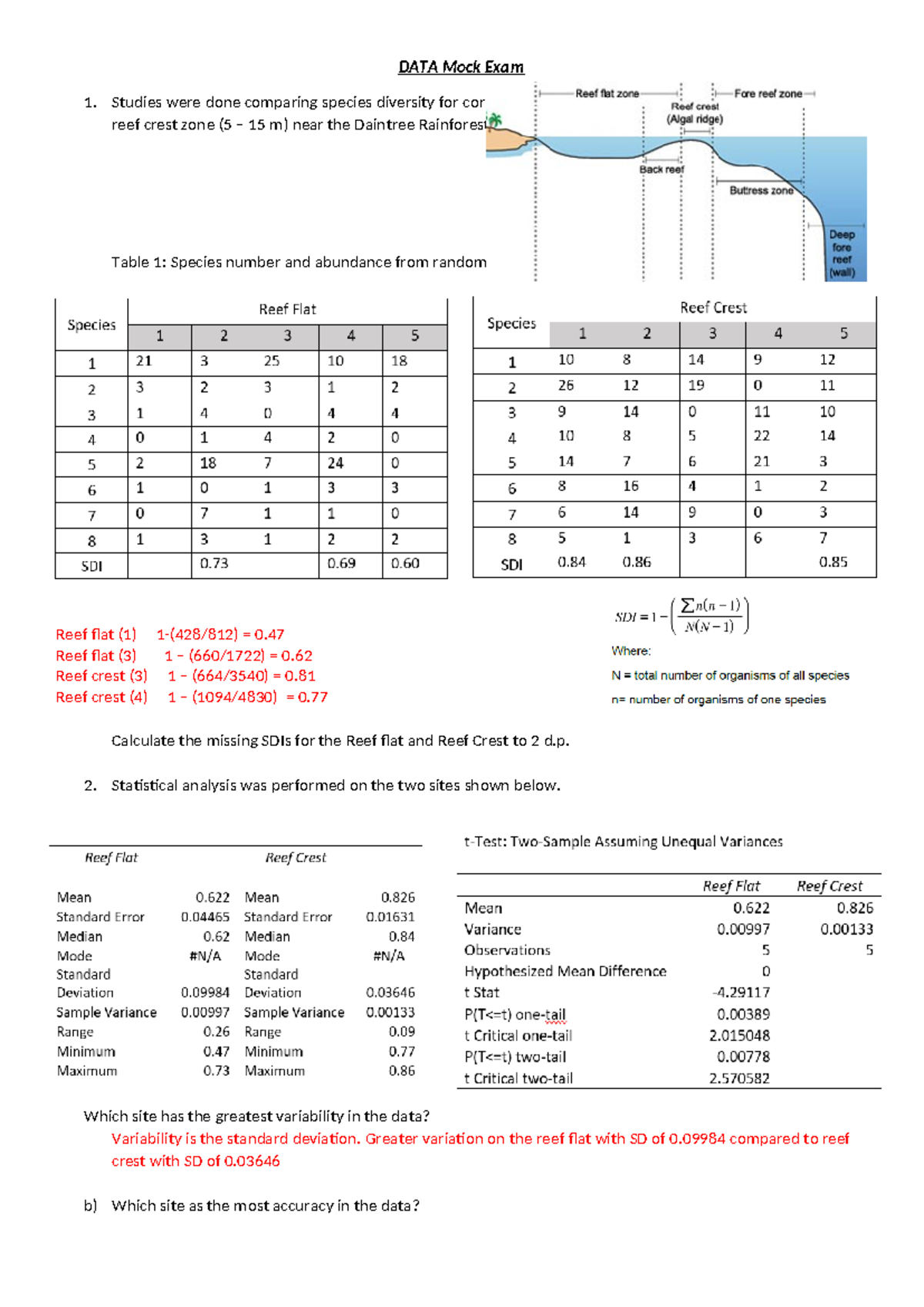DATA Mock Exam 1: Coral Species Diversity Analysis - Studocu