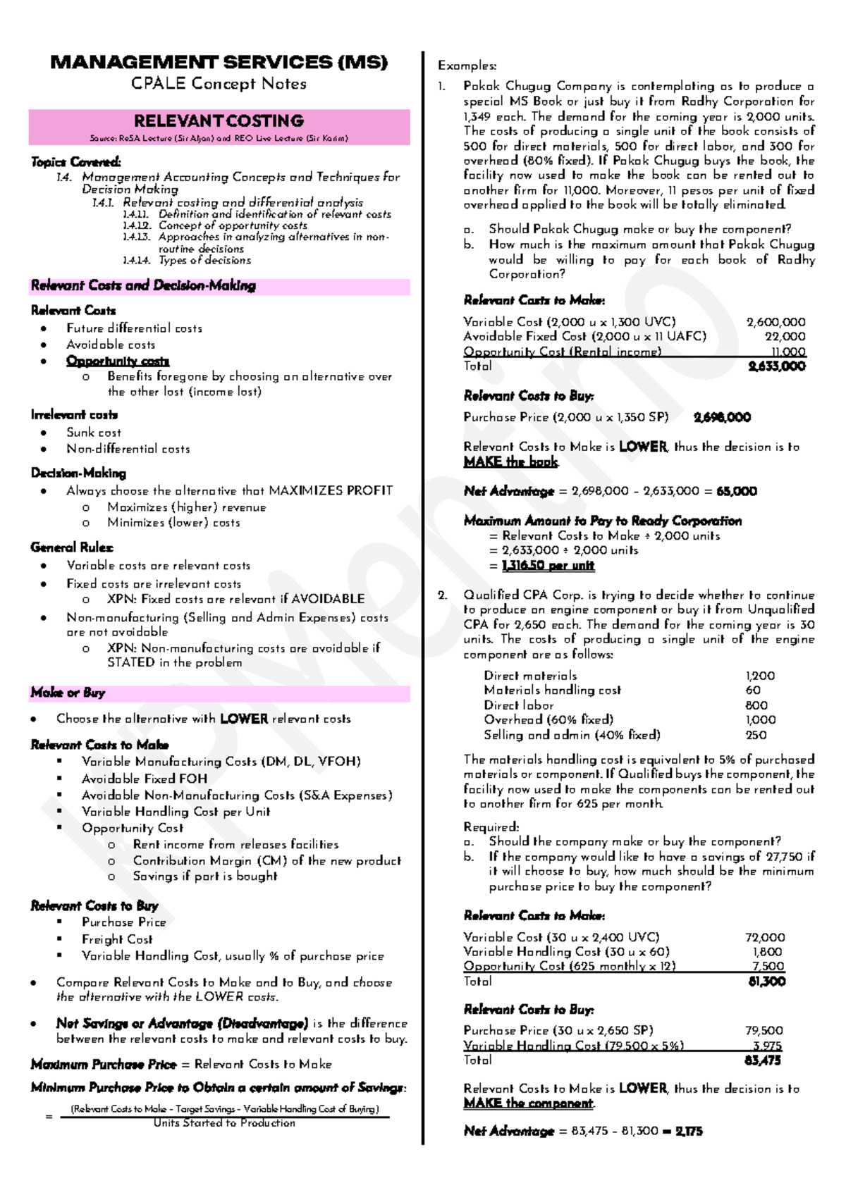 MANAGEMENT SERVICES (MS) Relevant Costing Concept Notes - Studocu