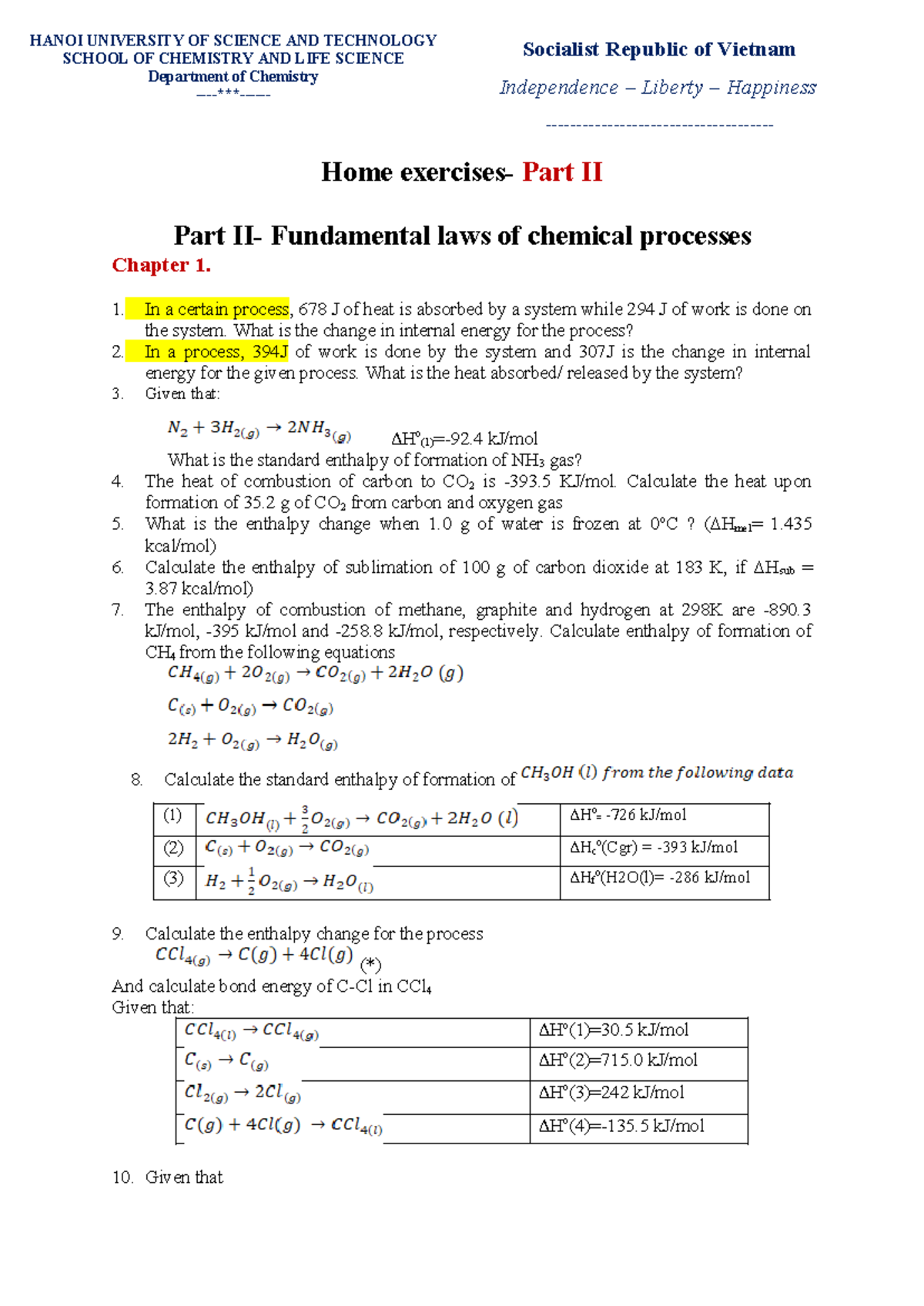 Exercises Part II - Chemistry 101: Fundamental Laws of Chemical ...