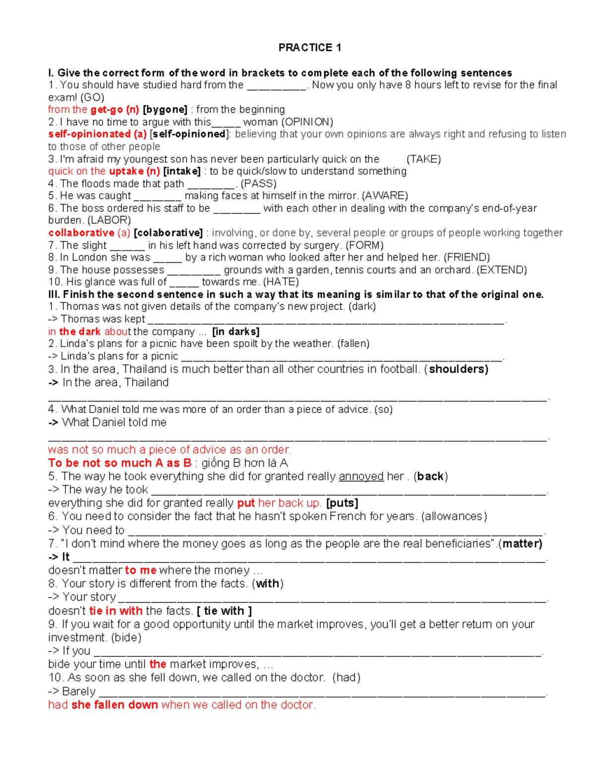 Test 1 - Word Forms and Sentence Completion Exercises - Studocu