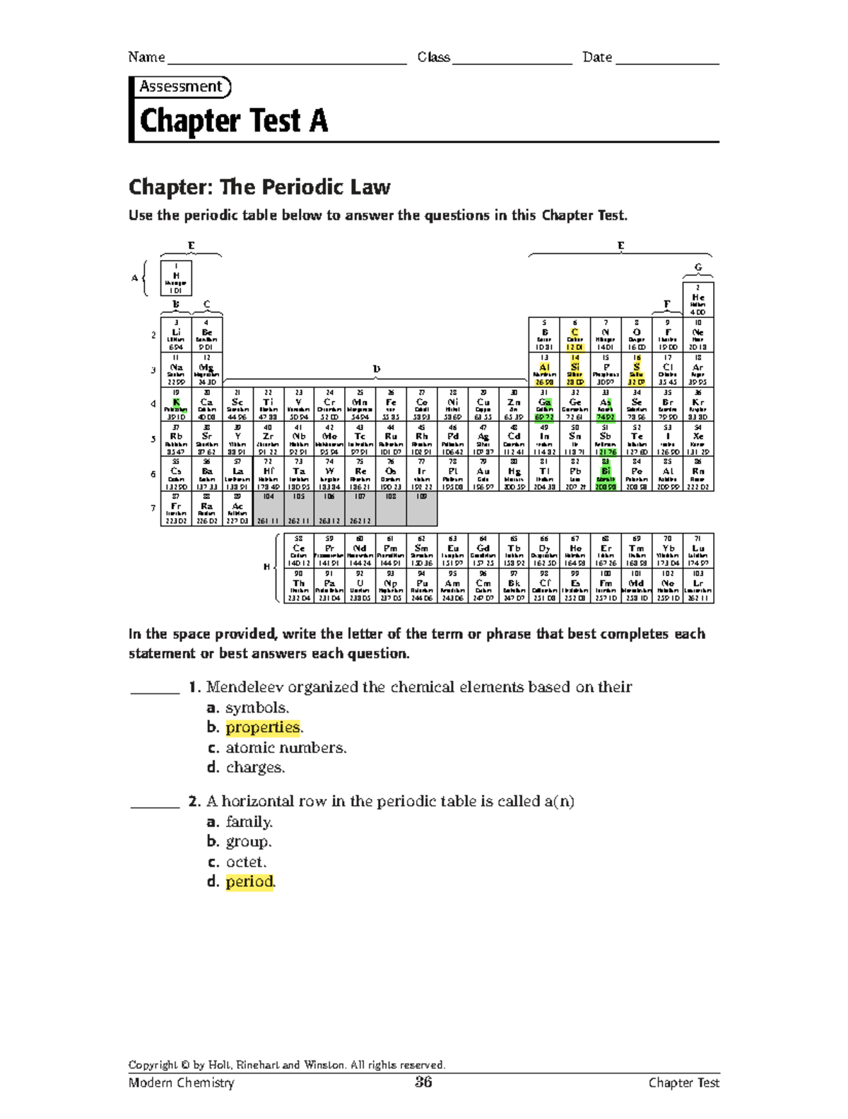 Chapter 5 Practice Test: The Periodic Law Assessment (Chemistry) - Studocu