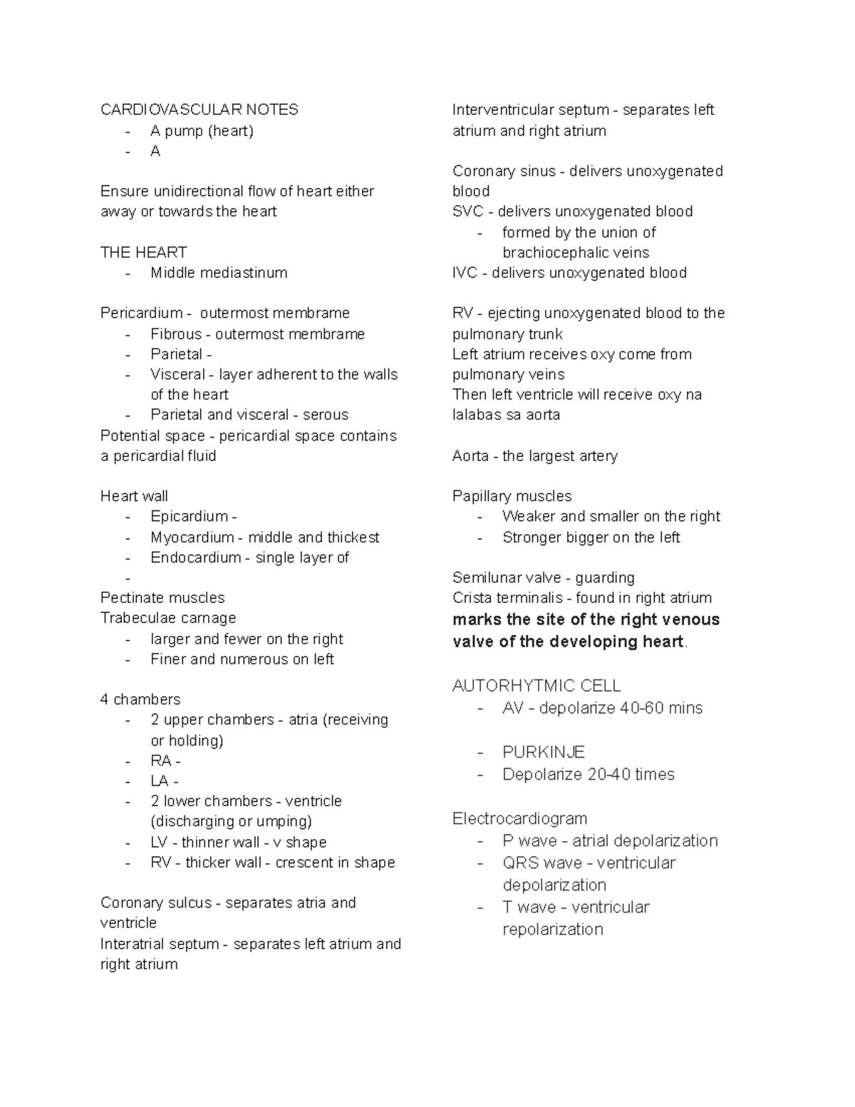 Cardiovascular - CV notes - CARDIOVASCULAR NOTES - A pump (heart) - A ...