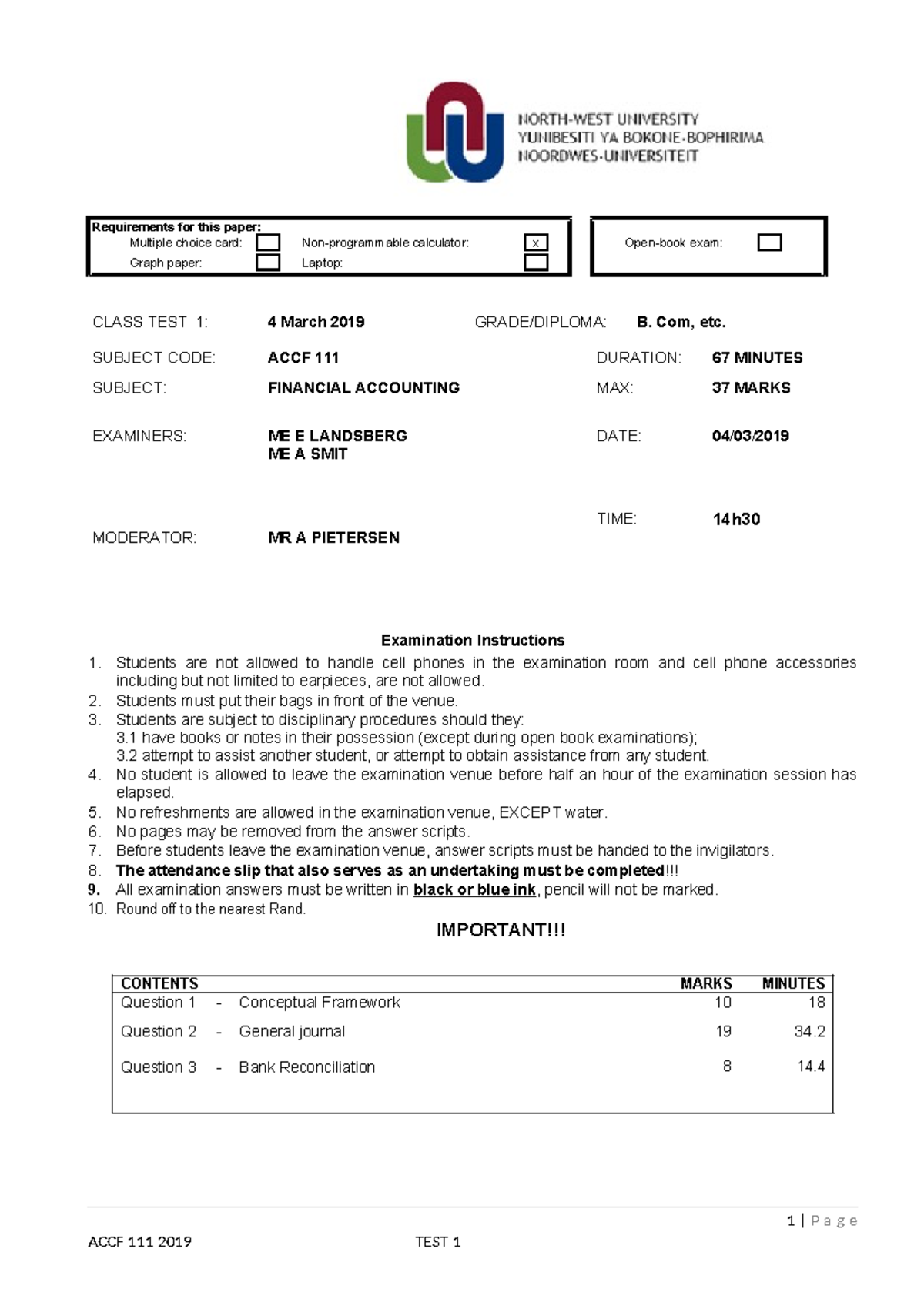 ACCF 111 CLASS TEST 1: Financial Accounting Exam Instructions ...