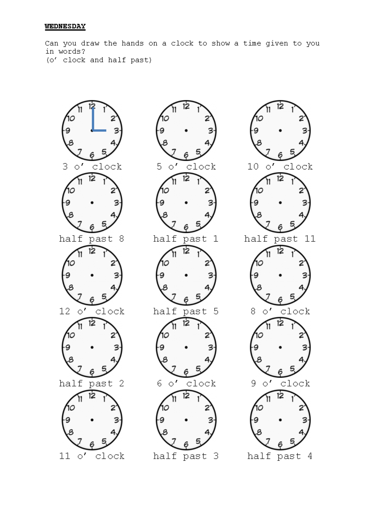 Y3 Maths week 4 - math 3 cambridge - WEDNESDAY Can you draw the hands ...