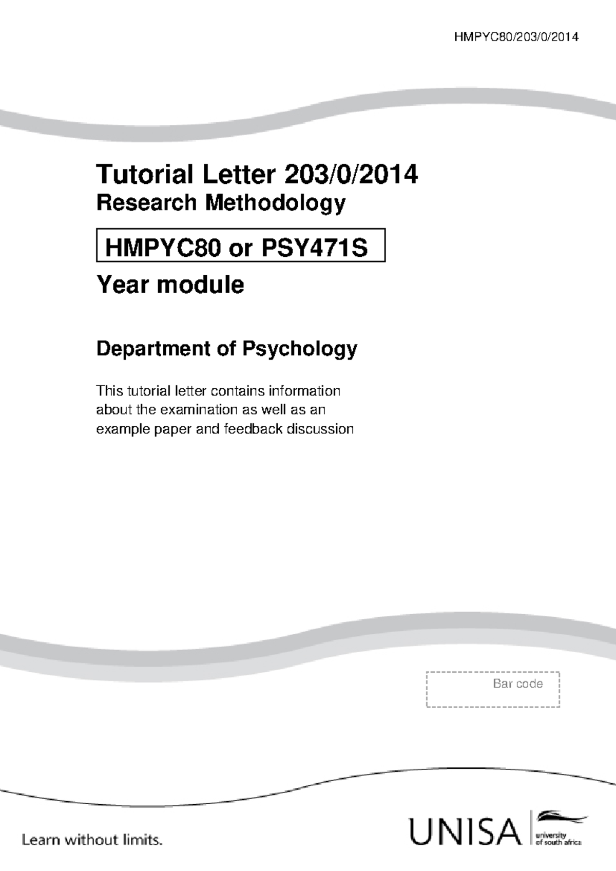HMPYC80 - 2014 Mock Exam & Answers for Research Methodology - Studocu